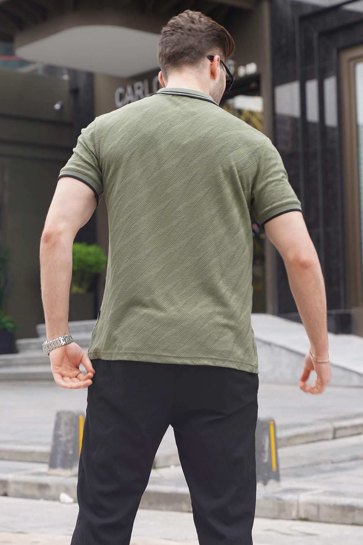 Madmext-Ανδρικό μπλουζάκι Khaki Green Polo Neck Regular Fit 6110 2