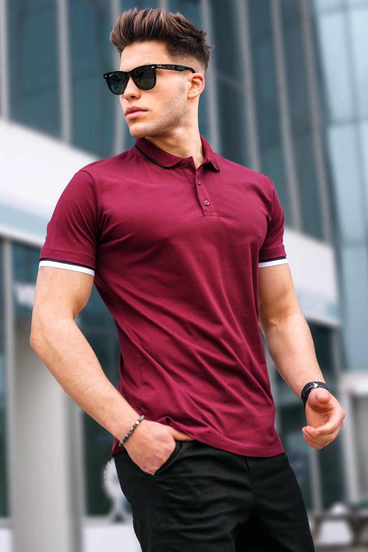 Madmext Męski T-shirt Z Kołnierzykiem Polo W Kolorze Bordowym Mężczyzna - S