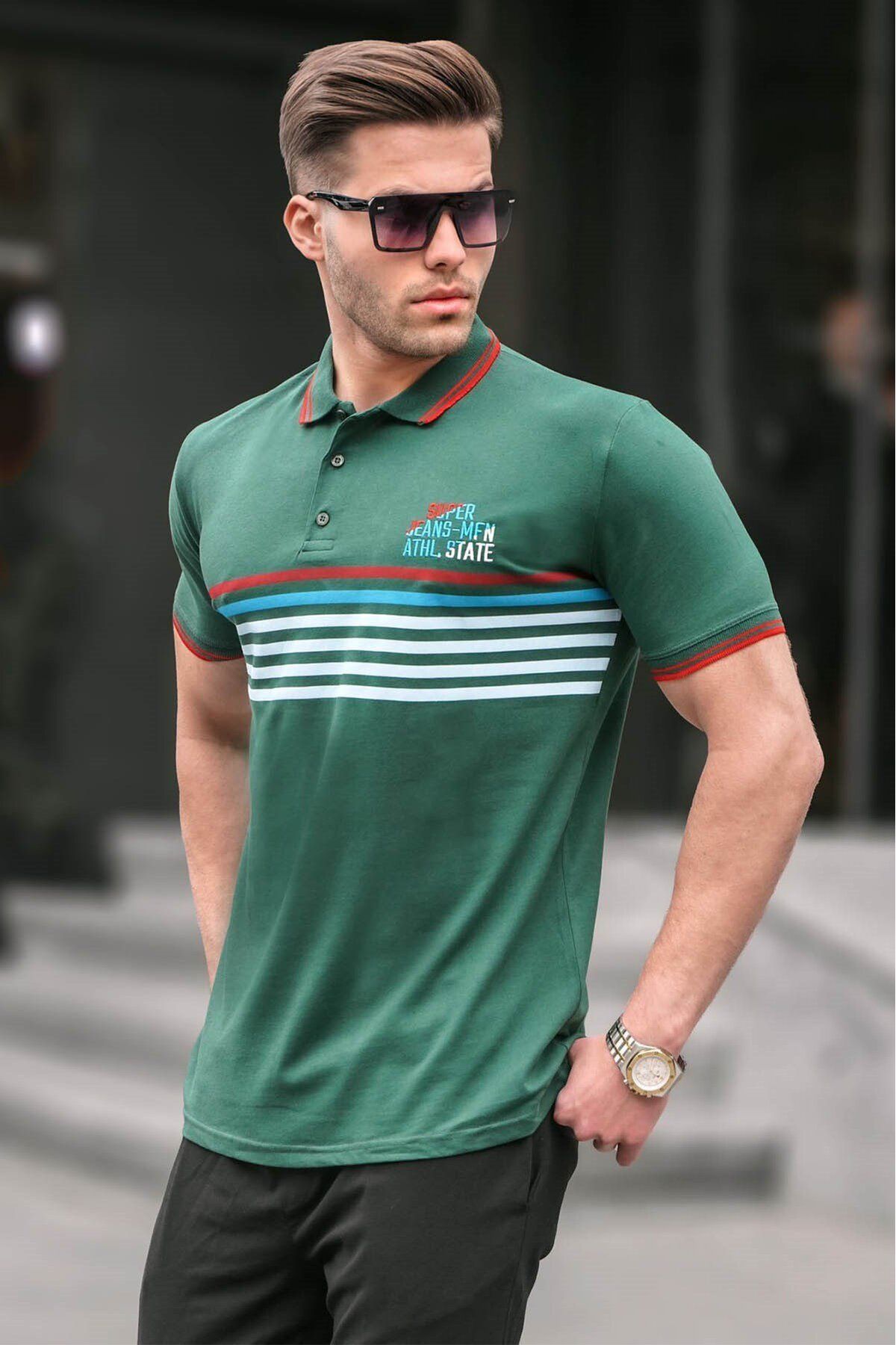 Madmext T-shirt Polo W Zielone Paski Mężczyzna - L