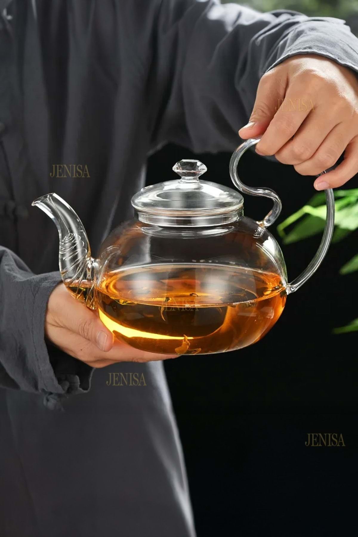 Jenisa Borosilikat Cam 1L Demlik – Süzgeçli, Bitki Çayı ve Aromatik Çaylar İçin Isıya Dayanıklı Cam Demlik