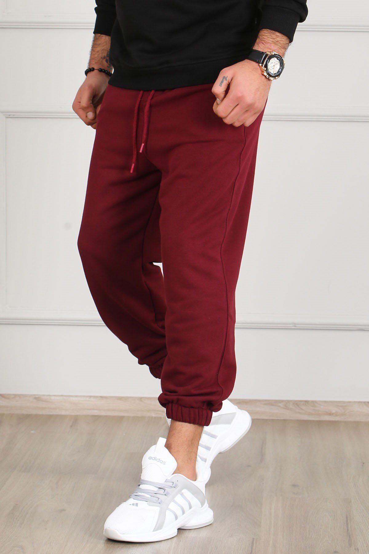 شلوار گرمکن قرمز مردانه لباس ورزشی ساق کوتاه Claret Red Oversize 4832 Madmext