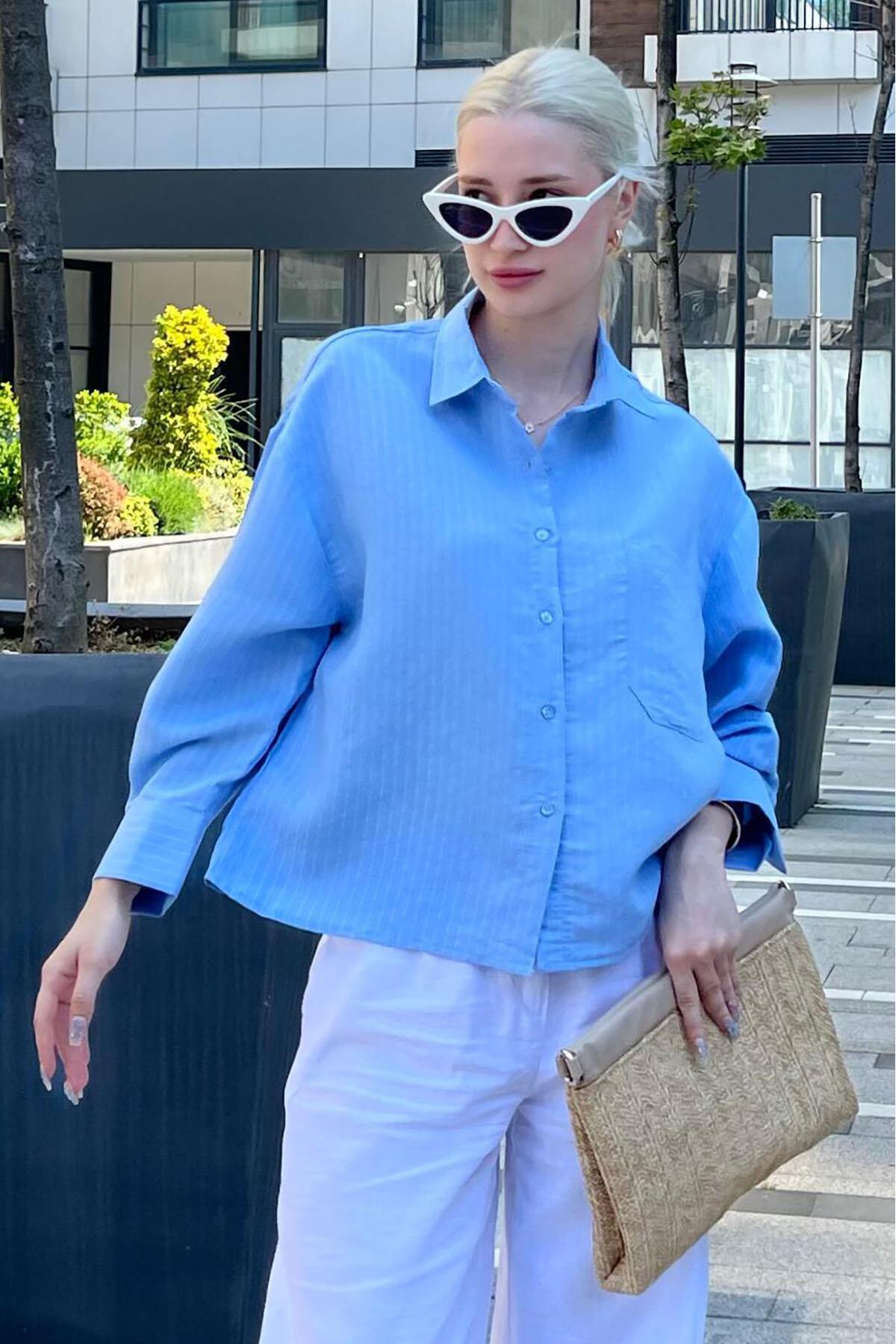 Madmext  Mavi Çizgili Oversize Kadın Gömlek MG2093 - Görsel 4