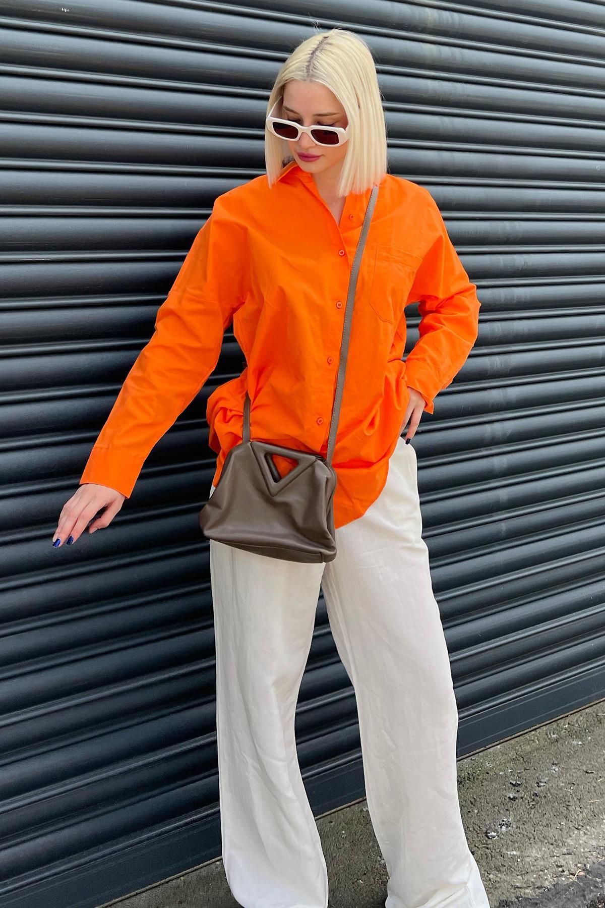 Madmext-Oranžová oversize Basic vrecková popelínová košeľa Mg1530 2