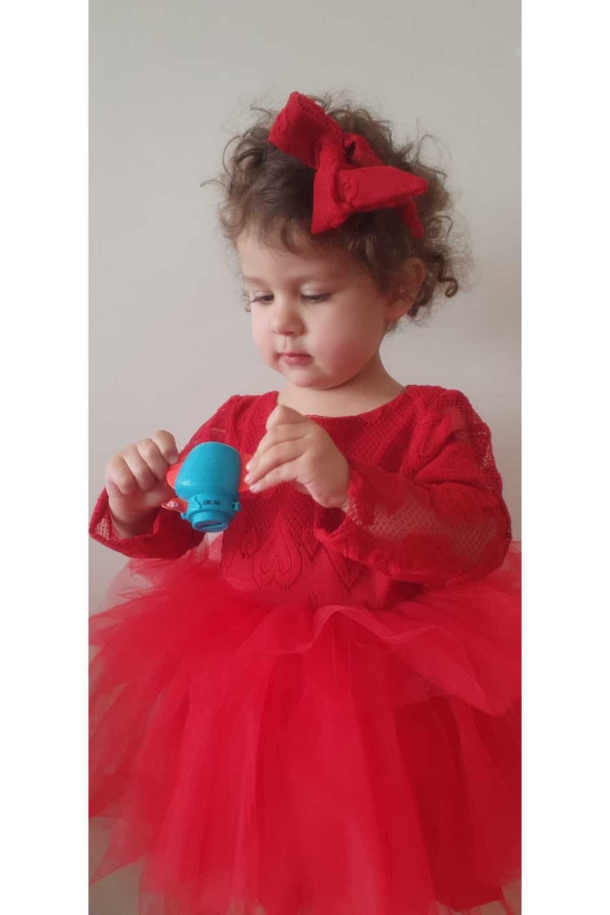 inMini-Girl's Red Heart Patterned Mini Dress with Buckle, Layered Skirt, Tulle Tail Bow, V-Back Detail 4