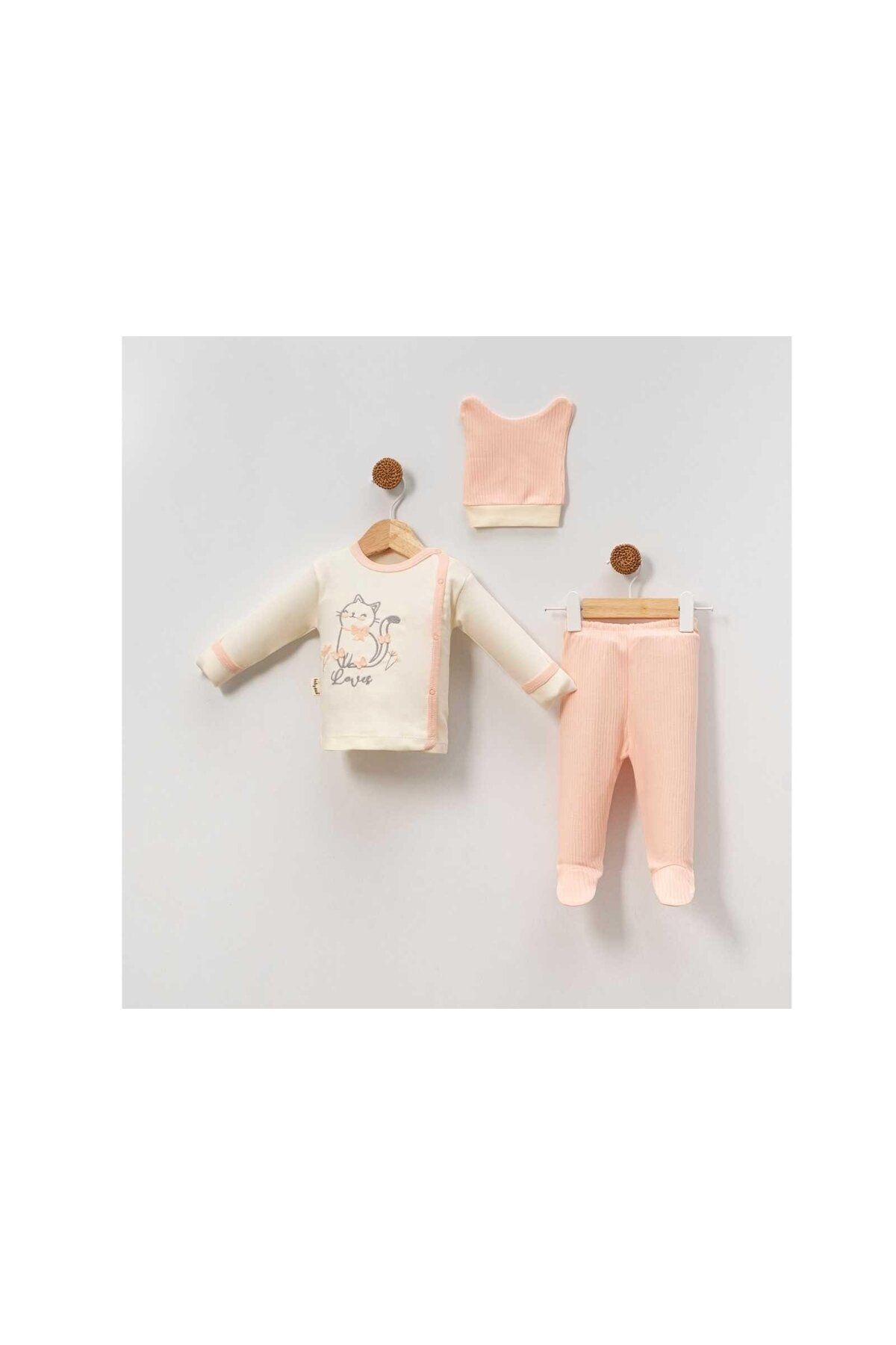 TRENDİMİZBİR-Butterfly Cat Embroidered Baby Girl 3-Piece Hospital Outfit Set - Salmon 2
