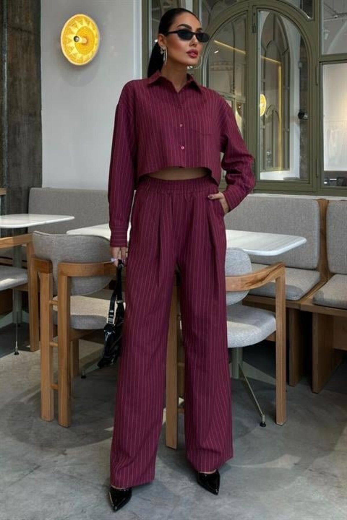 velmorafashion Crop Gömlekli Çizgili Takım 10080