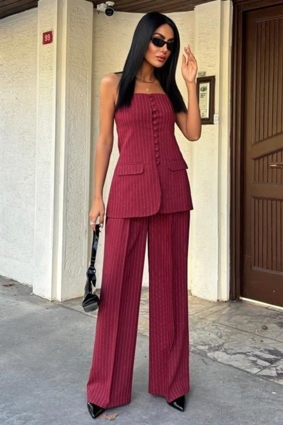 velmorafashion Straplez Büstiyer Ve Palazzo Pantolon Çizgili Takım 10005