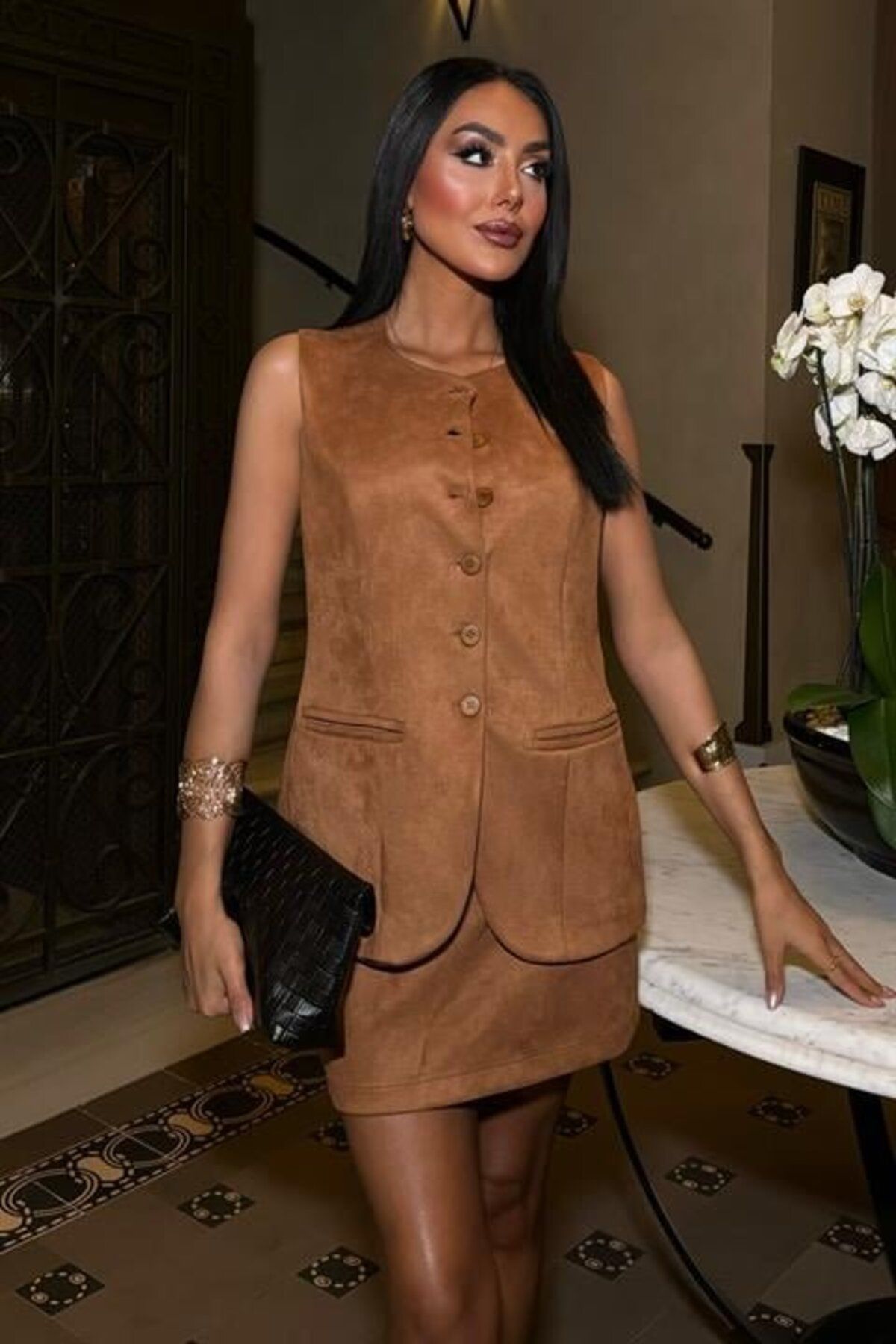 velmorafashion Yelek Ve Mini Etekli İçi Astarlı Süet Takım 9998