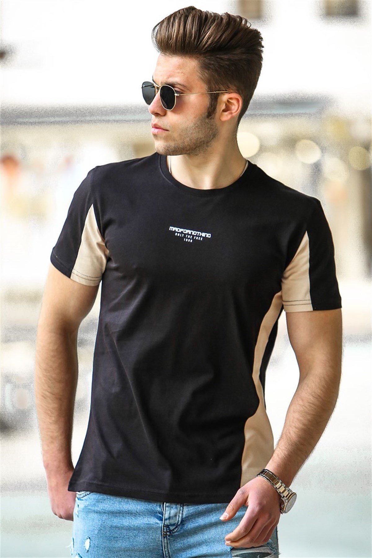 Madmext Czarny T-shirt Męski Mężczyzna - L