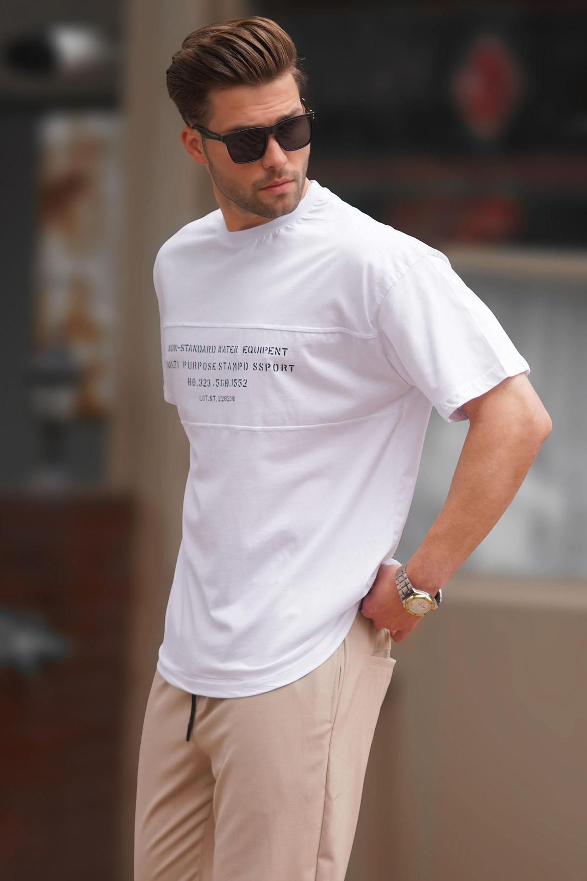 Madmext-Biały T-shirt męski oversize – okrągły dekolt, z nadrukiem, 7018 2