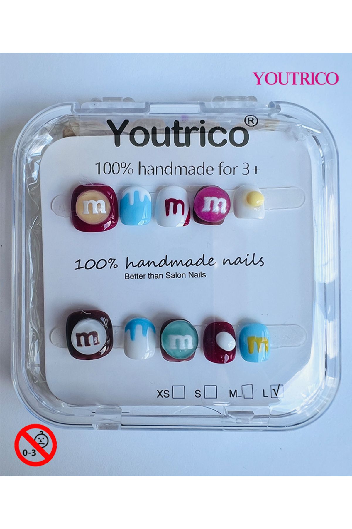 Youtrico-أظافر أطفال لاصقة مصنوعة يدويًا بنسبة 100%، لون أخضر، آمنة للأطفال من سن 3 سنوات فما فوق، لون كبير 2