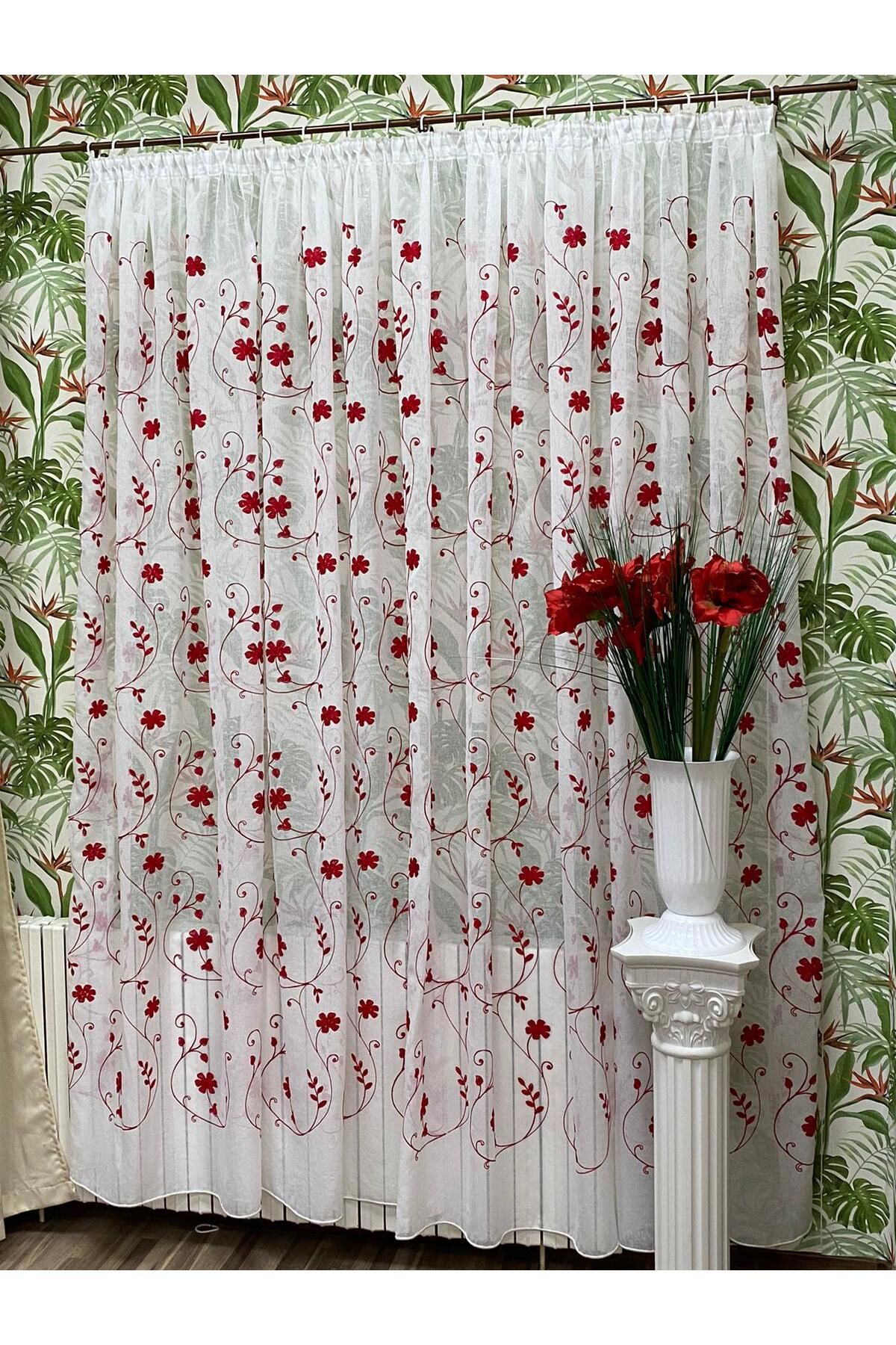 Liz Line Perdea Alba Cu Flori Rosii, Din In, Colectia "inna" By Liz Line, 800x245cm, Cu Rejansa - - 800 x 245