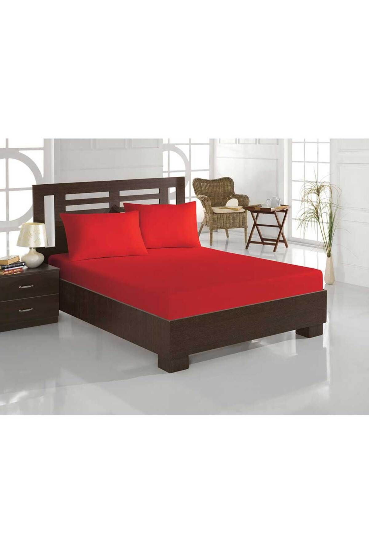 Homelux Cearceaf De Pat Pentru 2 Persoane Cu Elastic, Acasă, 100% Bumbac, 160x200 Cm, Roșu - 160 x 200