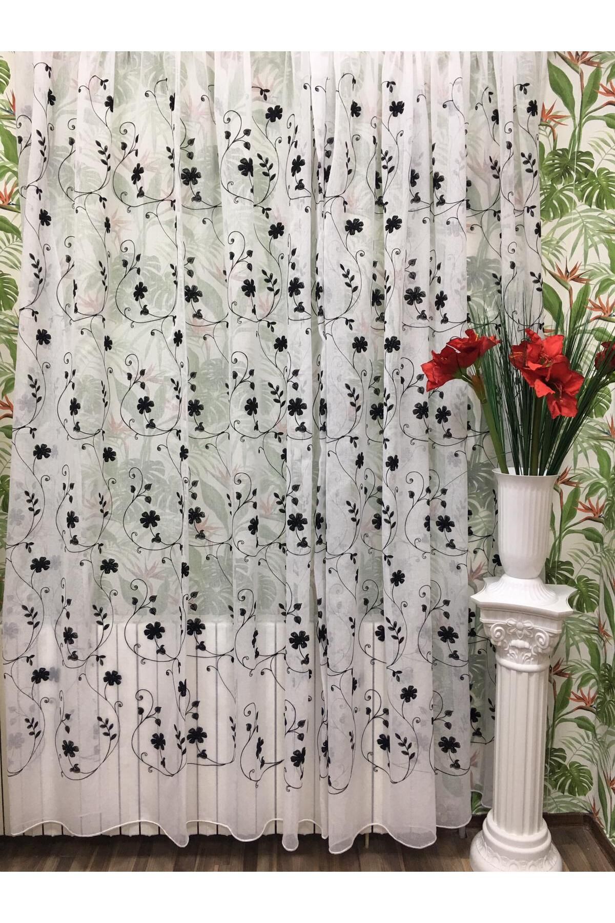 Liz Line Perdea Alba Cu Flori Negre, Din In, Colectia "inna" By Liz Line, 900x245cm, Cu Rejansa - - 900 x 245