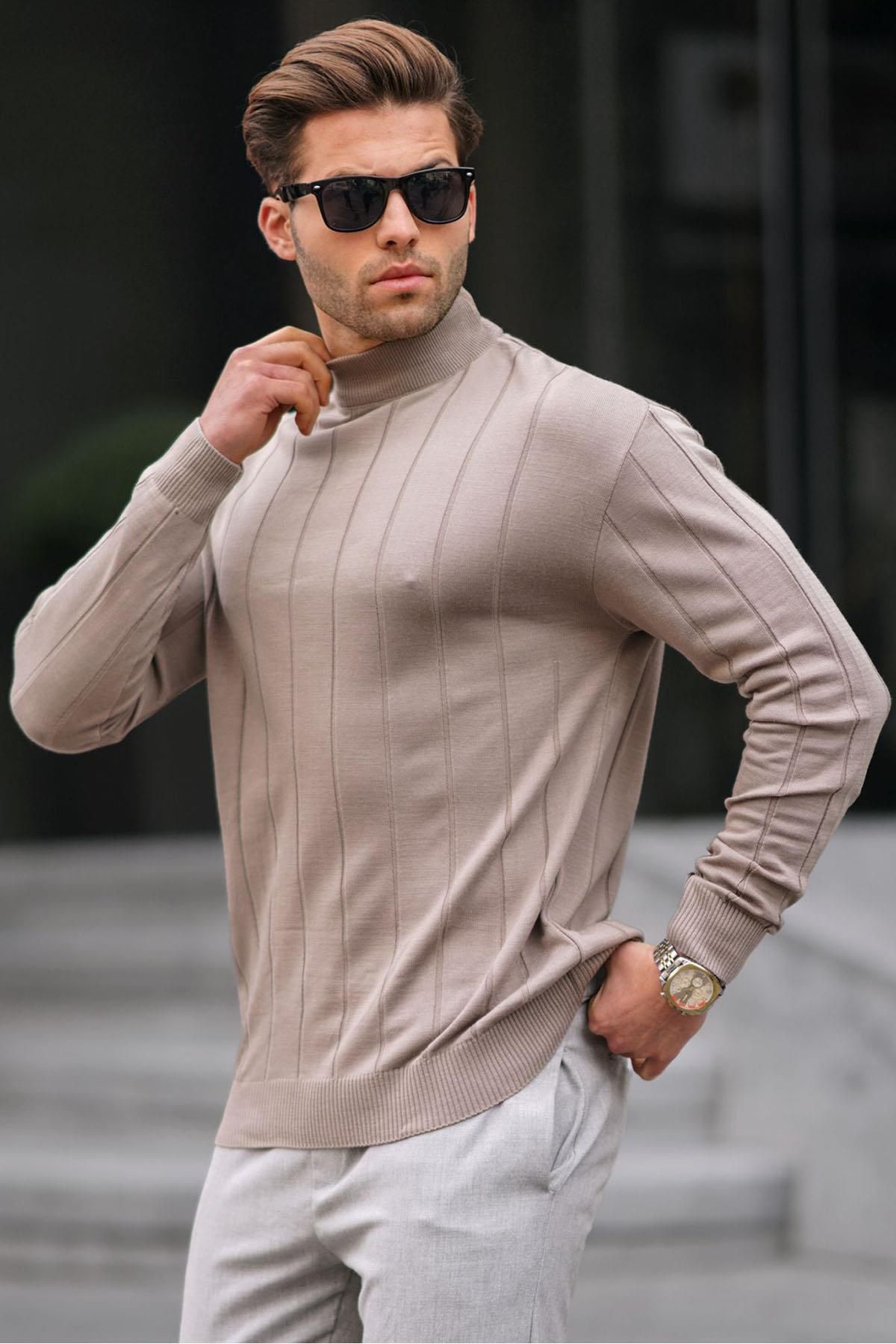 Madmext Męski Sweter Z Dzianiny Taupe Slim Fit Z Półgolfem W Paski, Nie Mechaczący Mężczyzna - 2XL