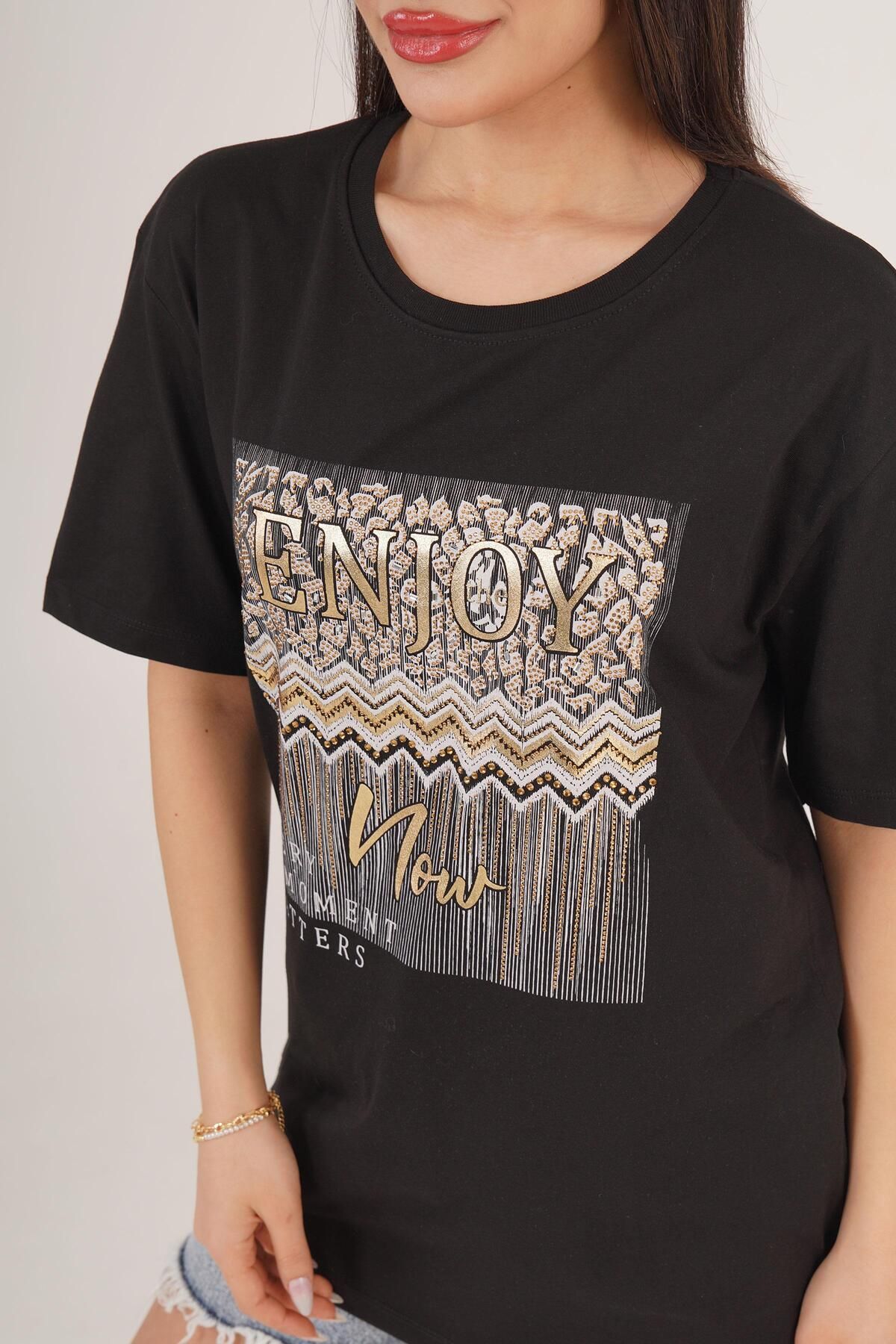 Hipo Trend-Enjoy Black T-Shirt with Printed Text and Stone Detail 3
