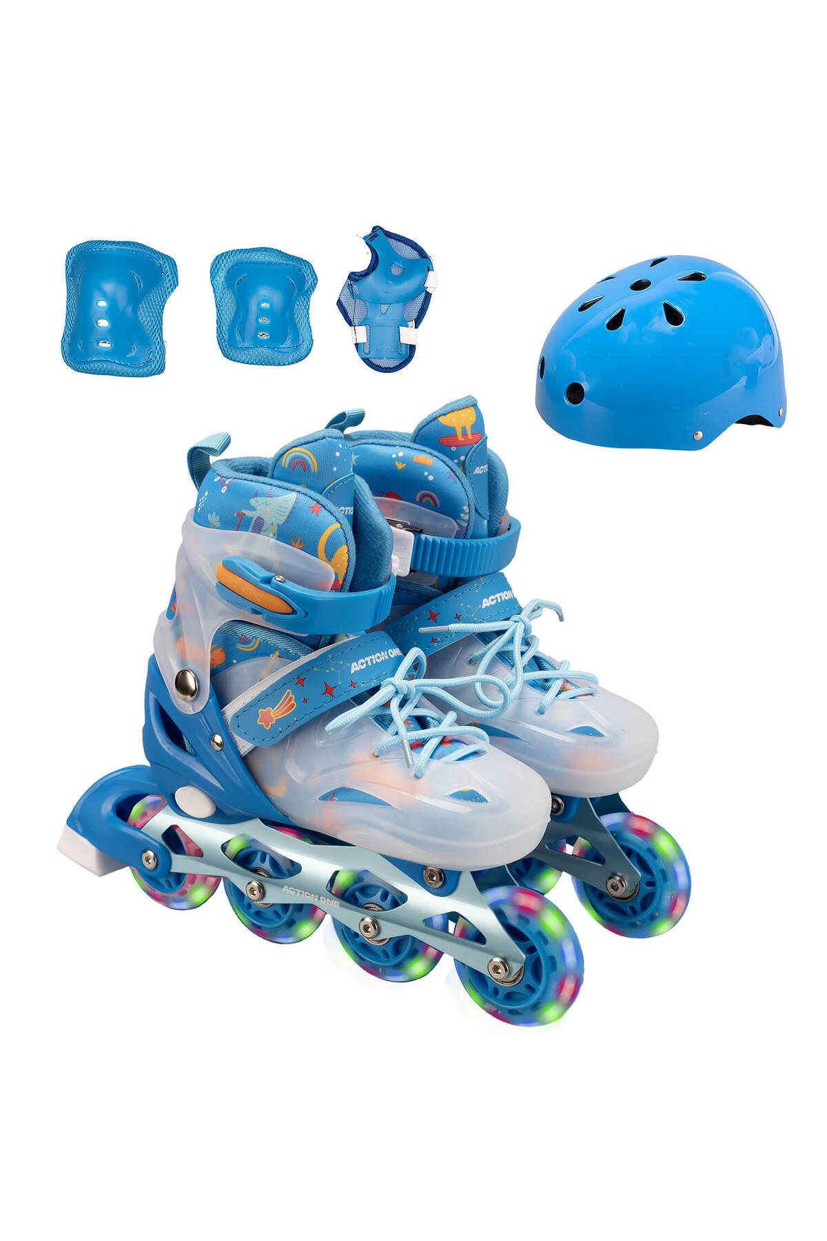 ACTION ONE Set Role Blue Dinosaur, Cu Casca, Protectii Si Geanta Transport, Roti Luminoase, Mar M (33-37), Blue Masculin - 34–37