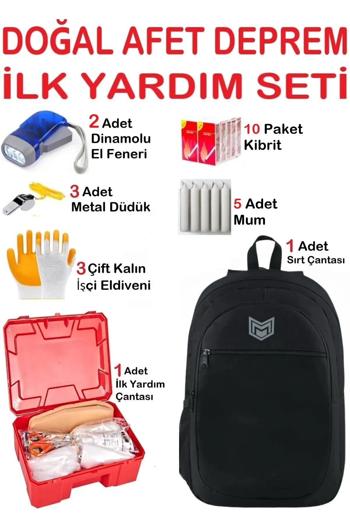 Natural Disaster Earthquake Bag Set 1xFirst Aid Kit 2xFlashlight 3xHorn 3xGloves 10xMatch 5xMum