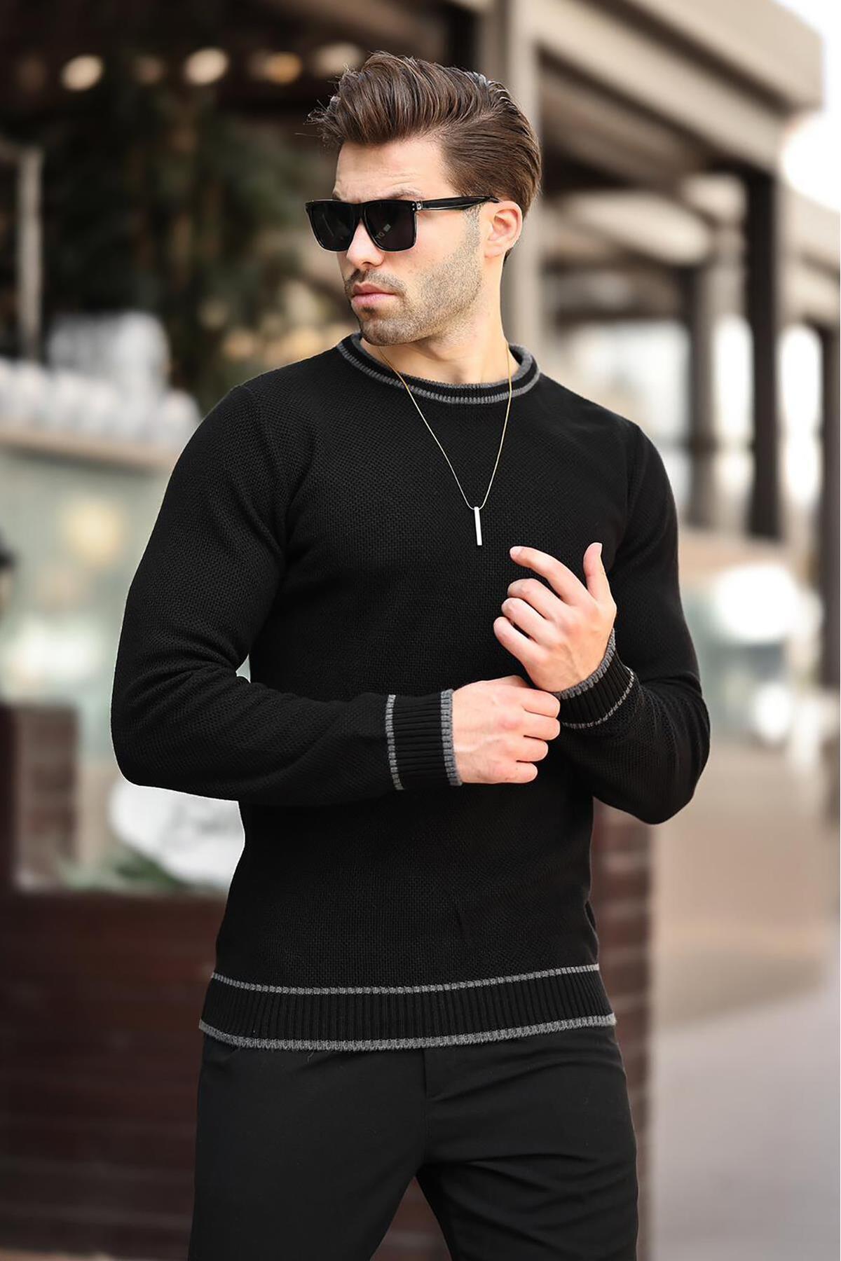 Madmext-Pulover tricotat negru cu mânecă lungă și detaliu dungi - Decolteu 7245 2