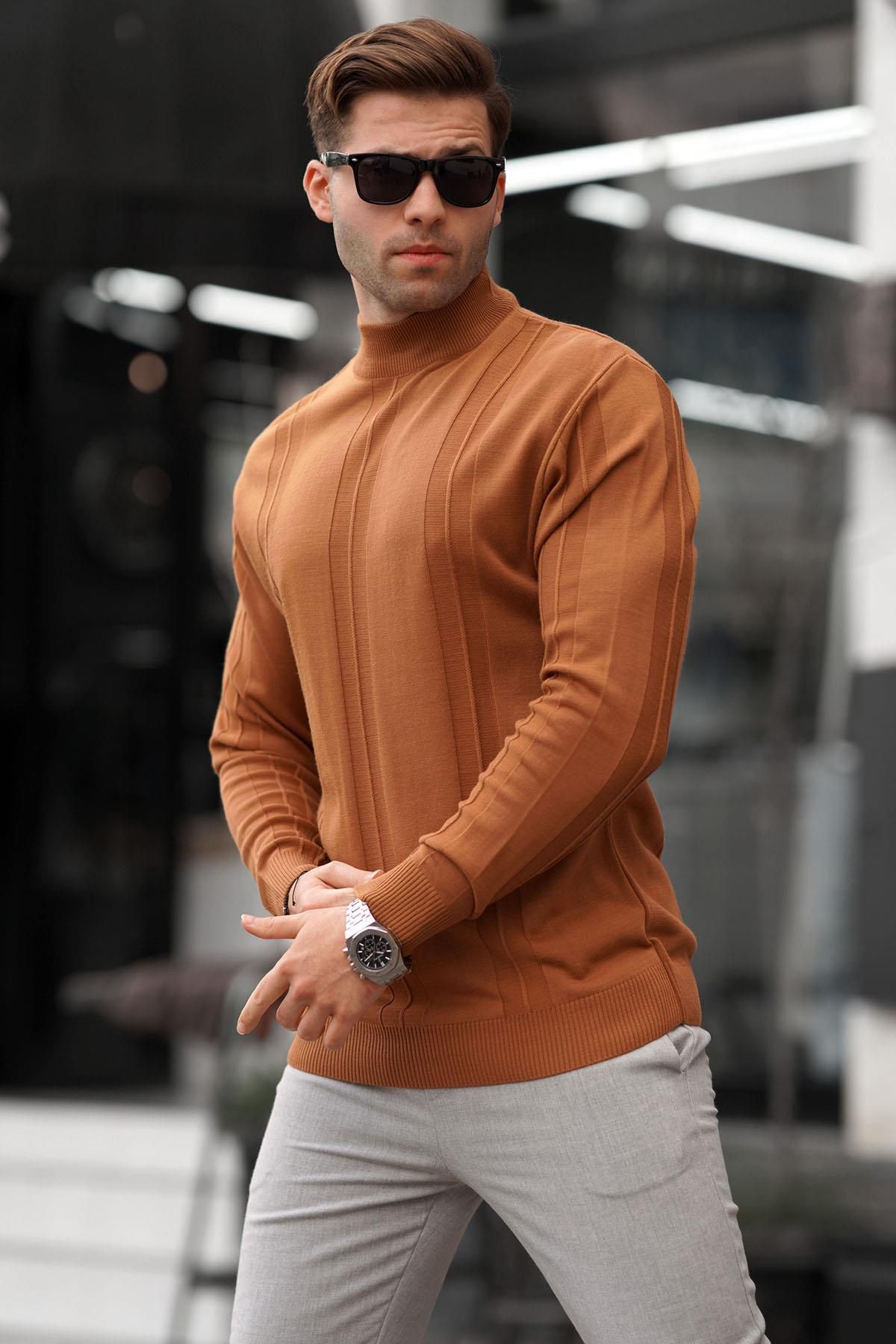 Madmext-Light Brown Turtleneck Patterned Sweater 6825 2