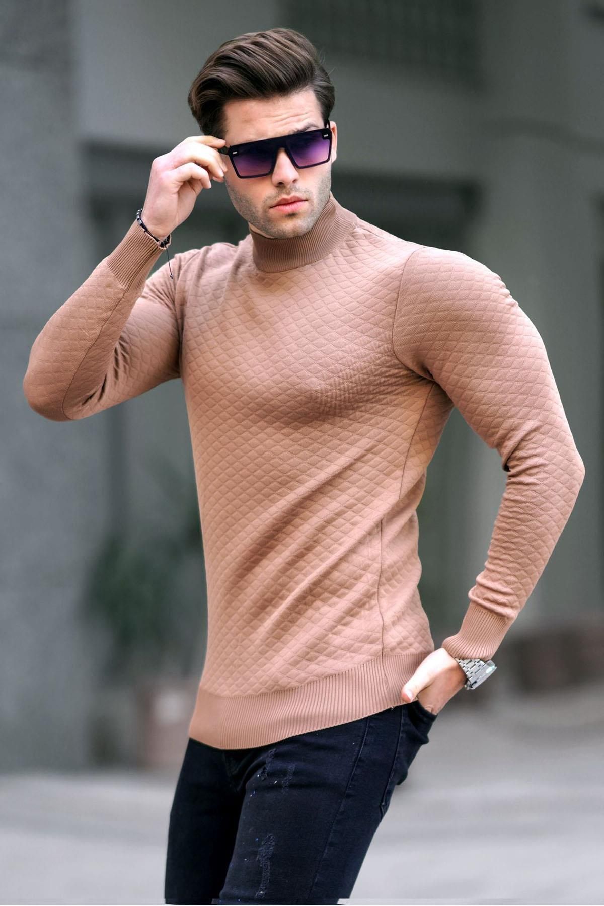 Madmext Męski Sweter Z Dzianiny W Kolorze Wielbłądziej Z Golfem Mężczyzna - XL