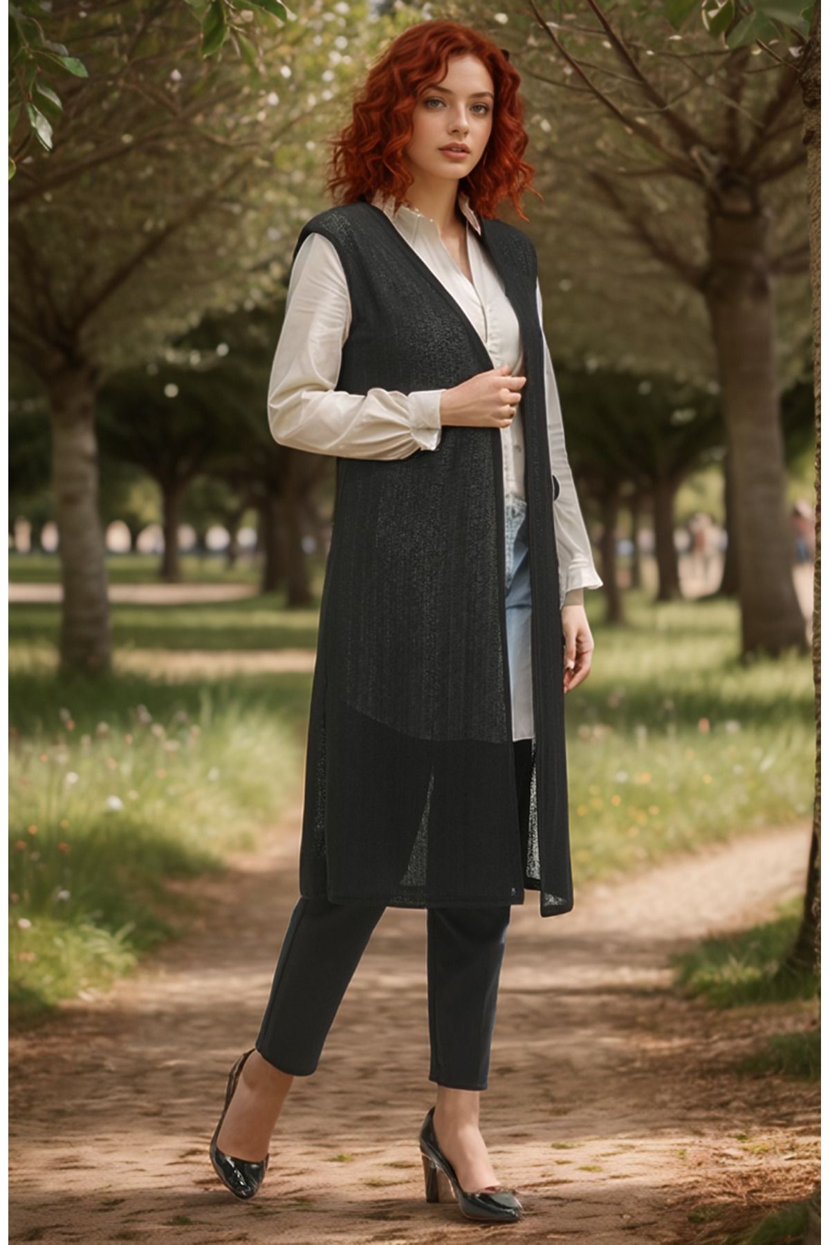 RESPİRO-Plus Size Regular Size Simple Long Flowy Soft Black Thin Vest Mother Thin Vest 1
