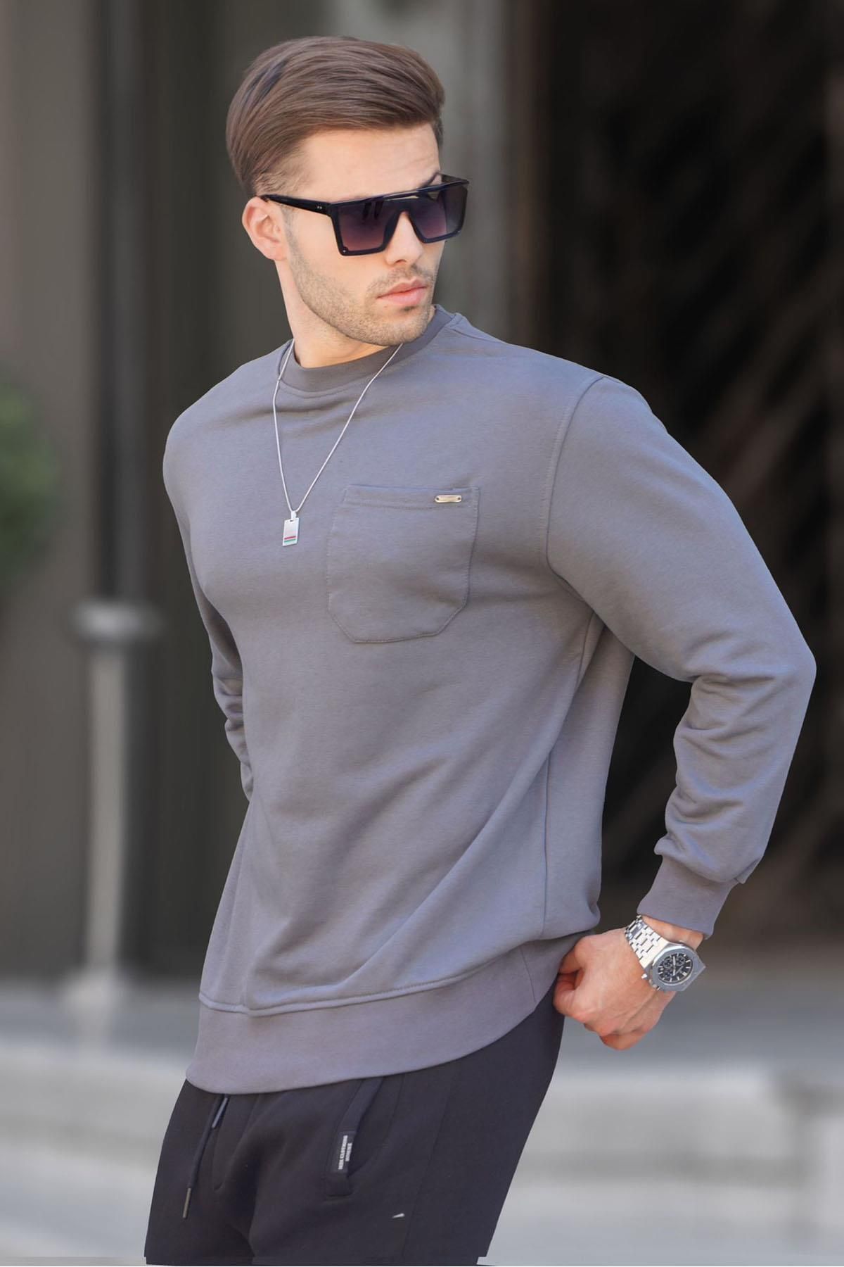سویشرت خاکستری مردانه Smoked Regular Fit Basic 6136 Madmext