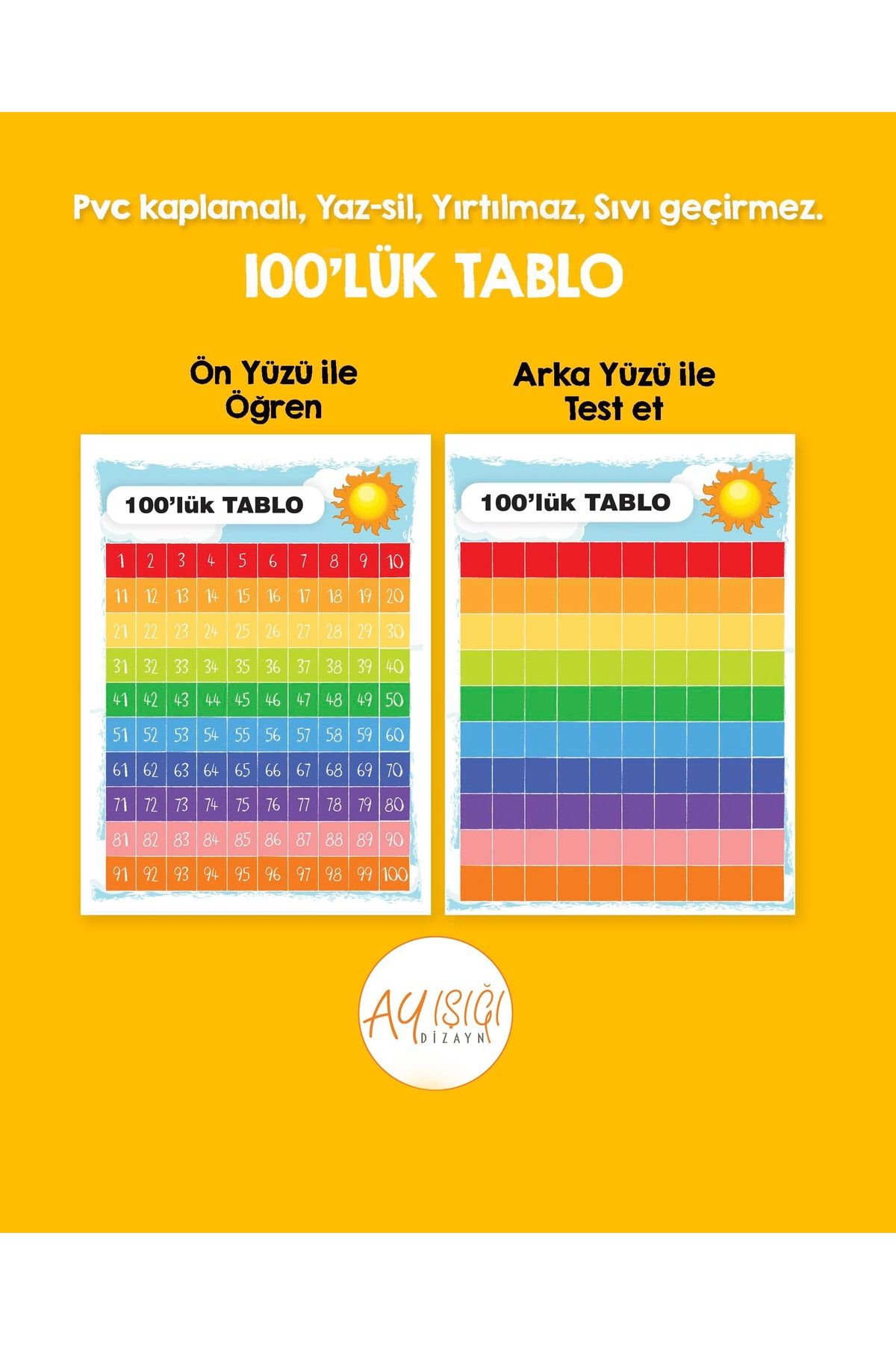 Ayışığı Dizayn 21x30cm Çift taraflı Matematik 100'lük tablo okul eğitim pvc kaplamalı