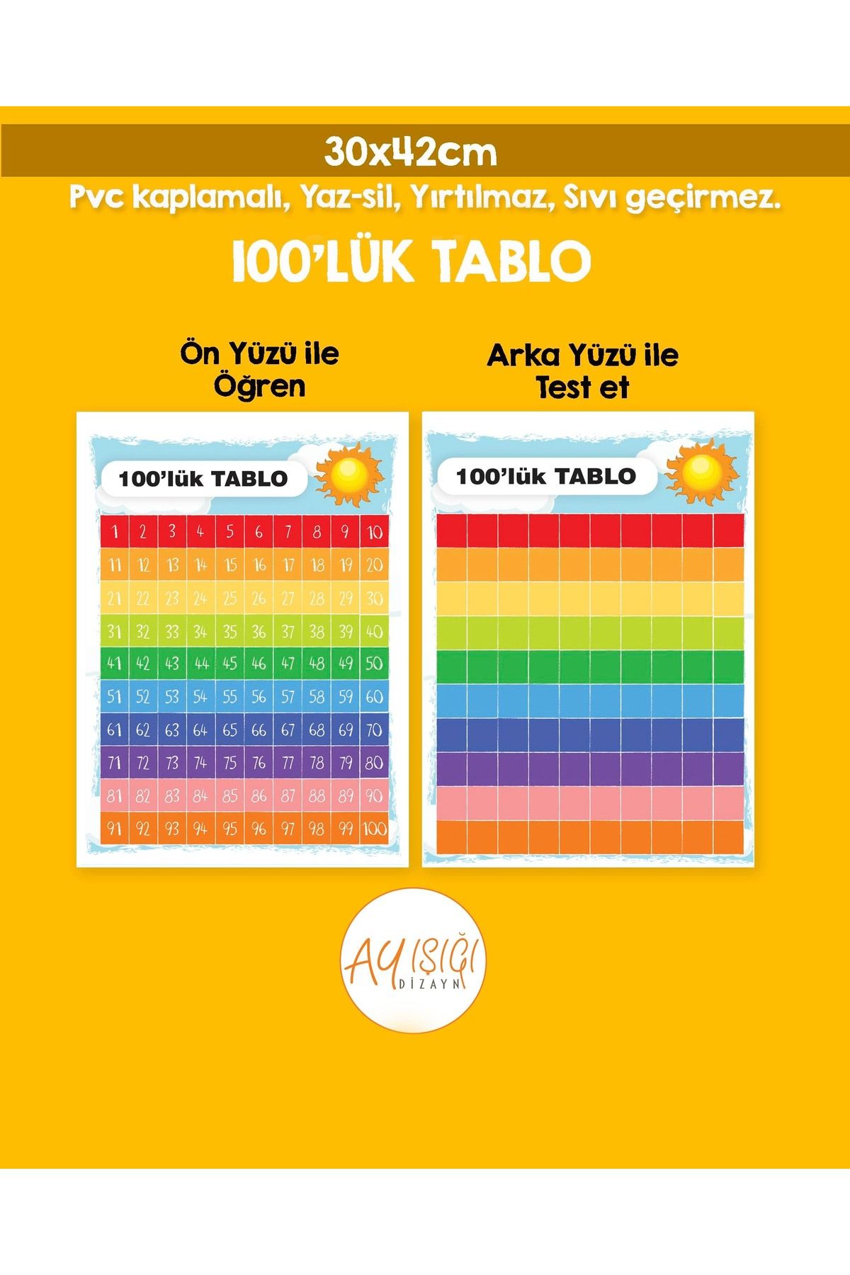 Ayışığı Dizayn 30x42cm Çift taraflı Matematik 100'lük tablo okul eğitim pvc kaplamalı