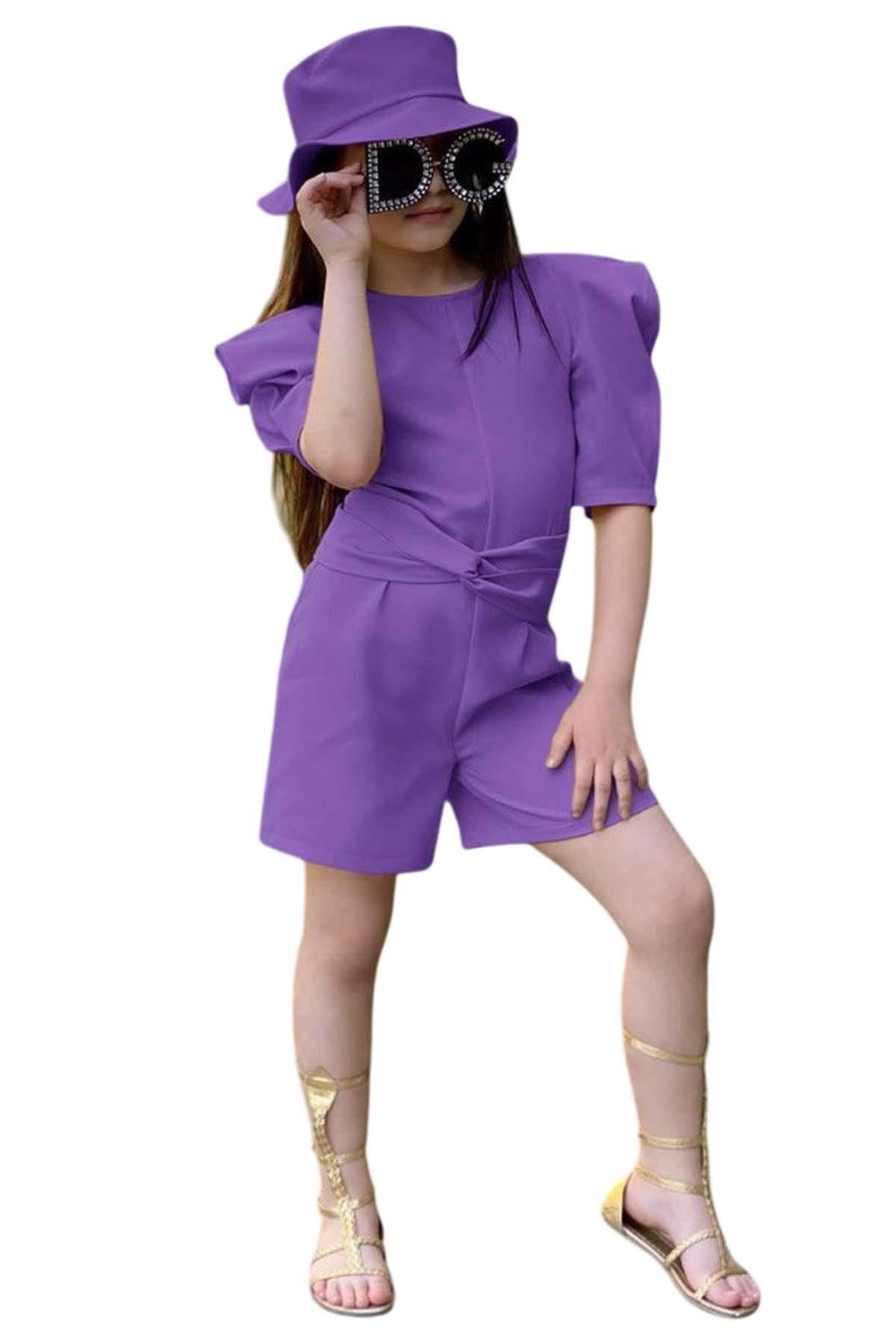 Riccotarz-Girl's Crew Neck Half Sleeve Waist Tie Detailed Purple Shorts Jumpsuit 5