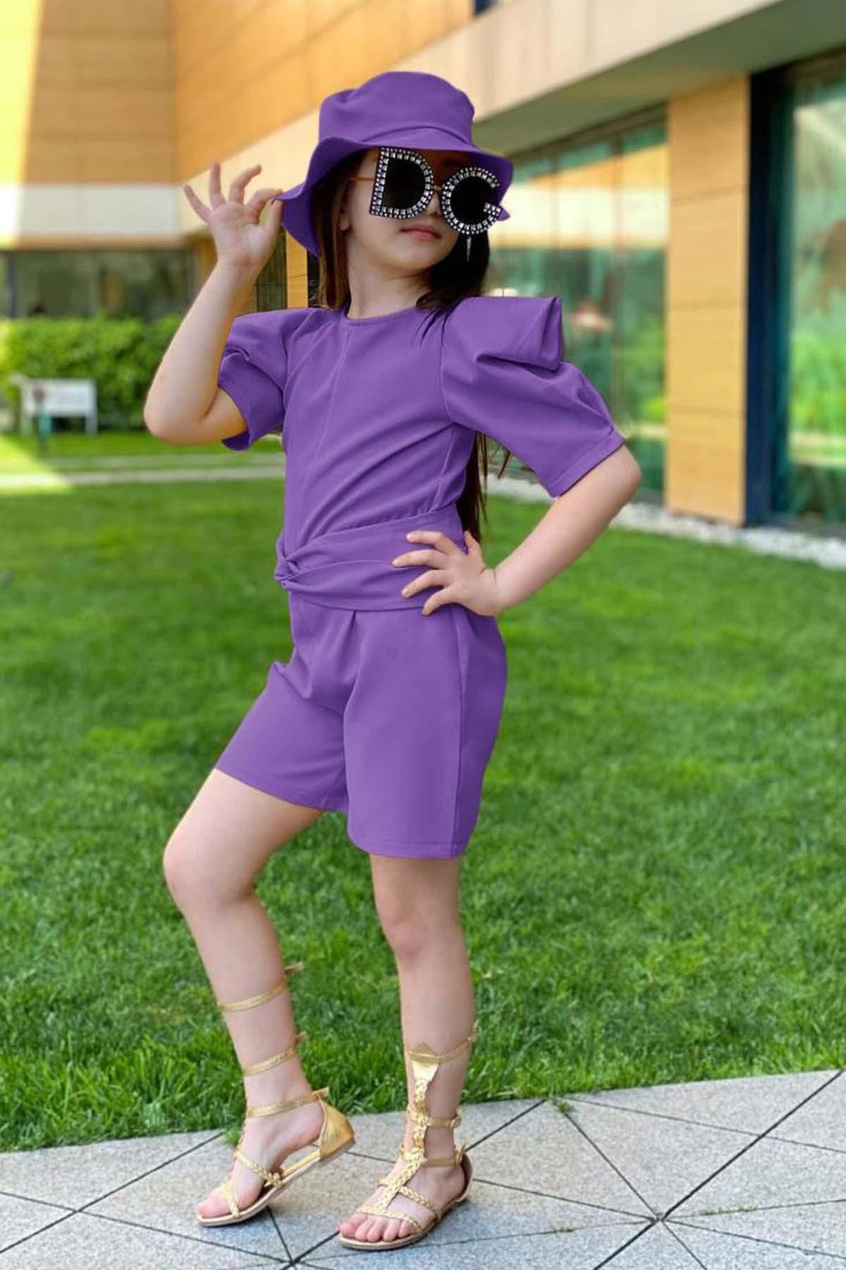 Riccotarz-Girl's Crew Neck Half Sleeve Waist Tie Detailed Purple Shorts Jumpsuit 2