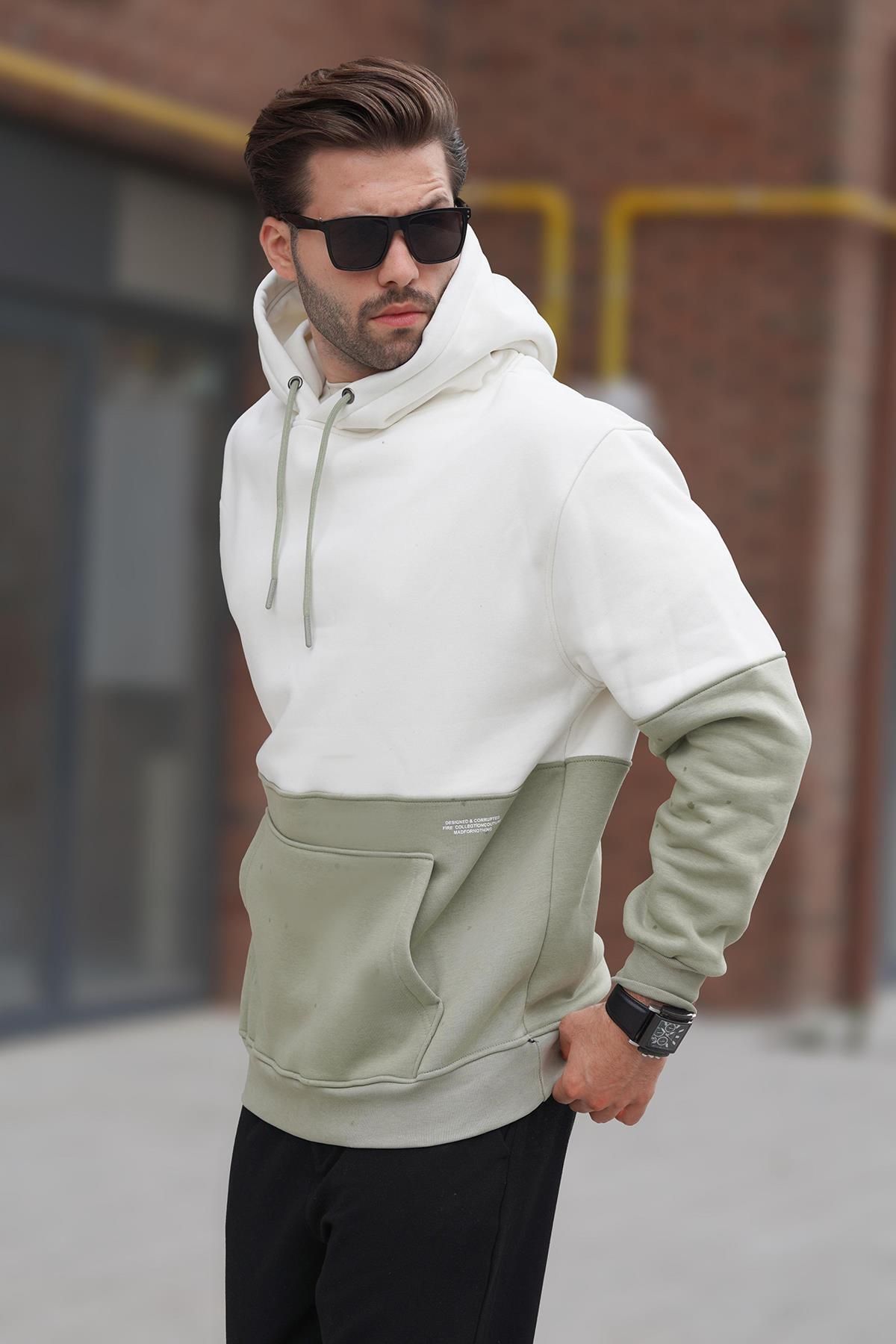 Madmext-7046 Model Men's Hooded Ecru Sweatshirt - Color Block and Print Detail 2