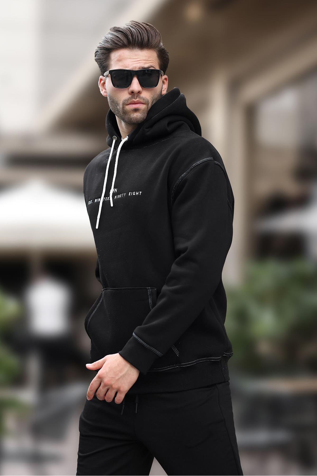 Madmext Siyah Kapüşonlu Nakış Detaylı Cepli Erkek Sweatshirt 7066
