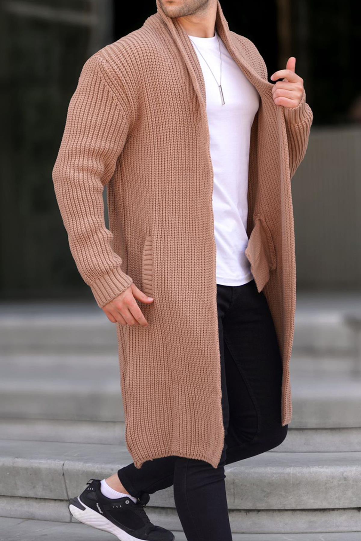 Camel Dik Yaka Cepli Uzun Triko Hırka 6816 — قهوه‌ای — تصویر 4 از 4