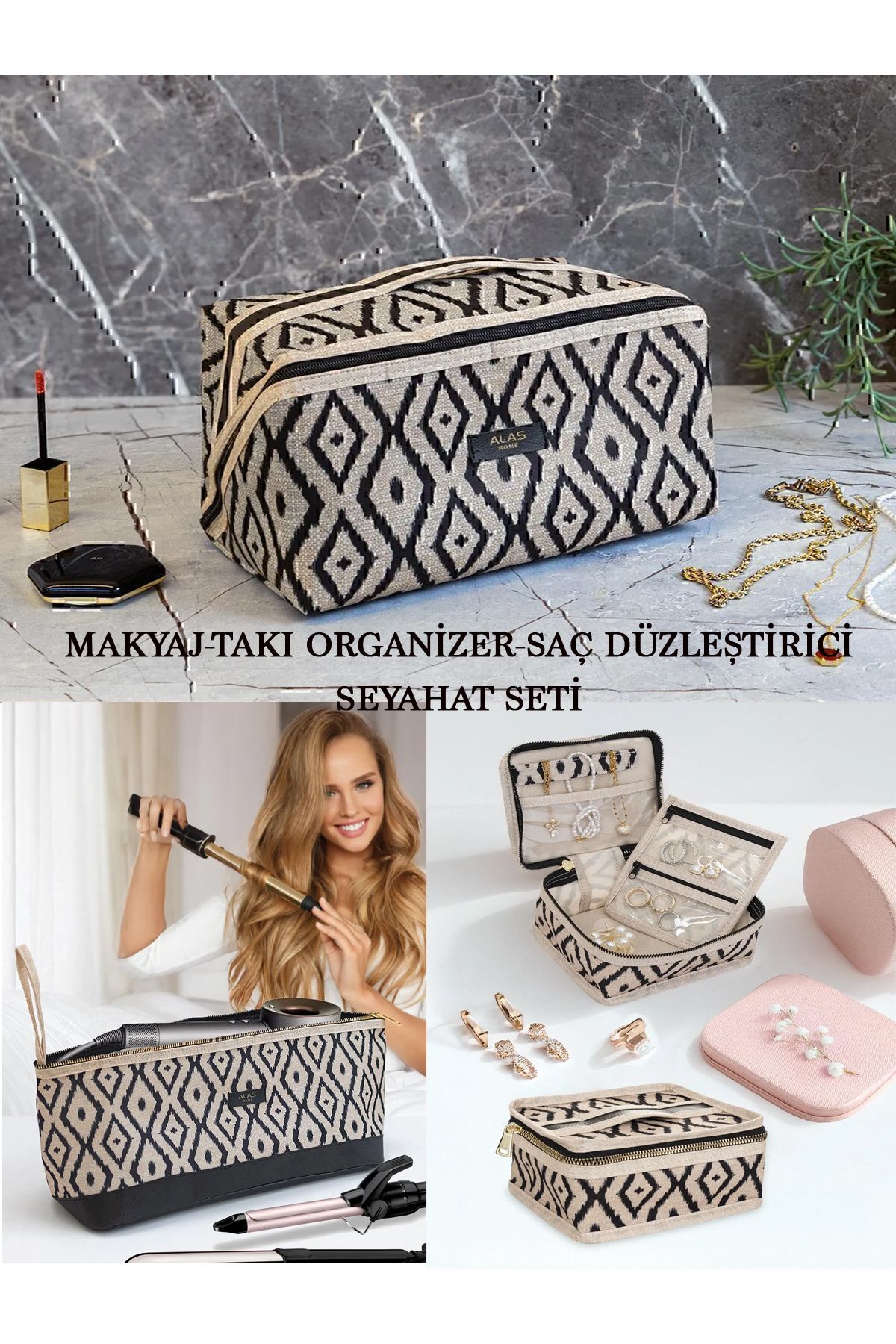 Smyak 3'lü Seyahat Makyaj Çantası-Saç Düzleştirici-Takı Organizer Seyahat Seti