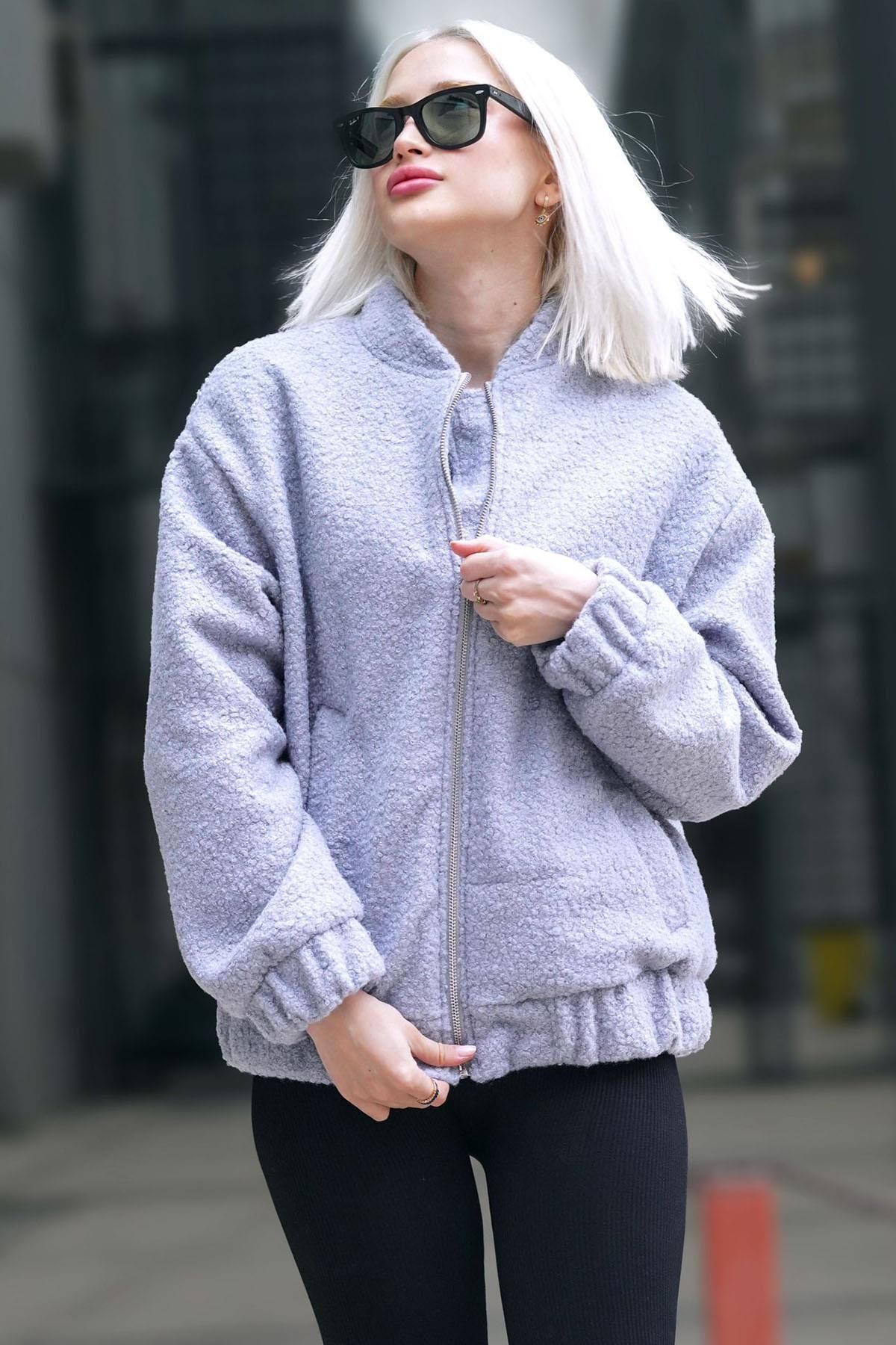 Madmext-Gray Boucle Bomber Women's Jacket MG1967 2