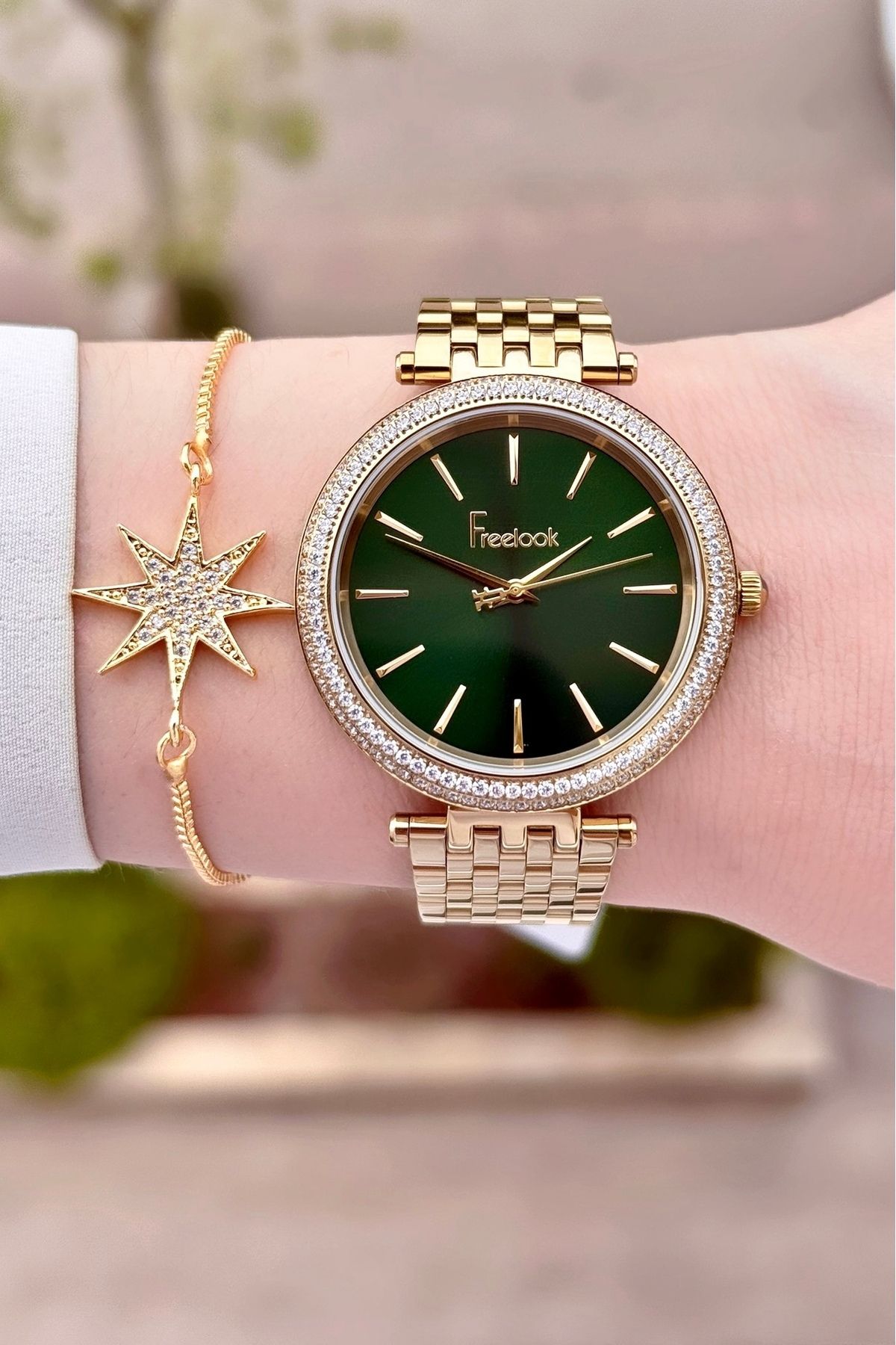 Freelook Kadranı Yeşil Kordonu Sarı Renk 24 Ay Garantili 38 Mm Kadın Kol Saati Ve Bileklik