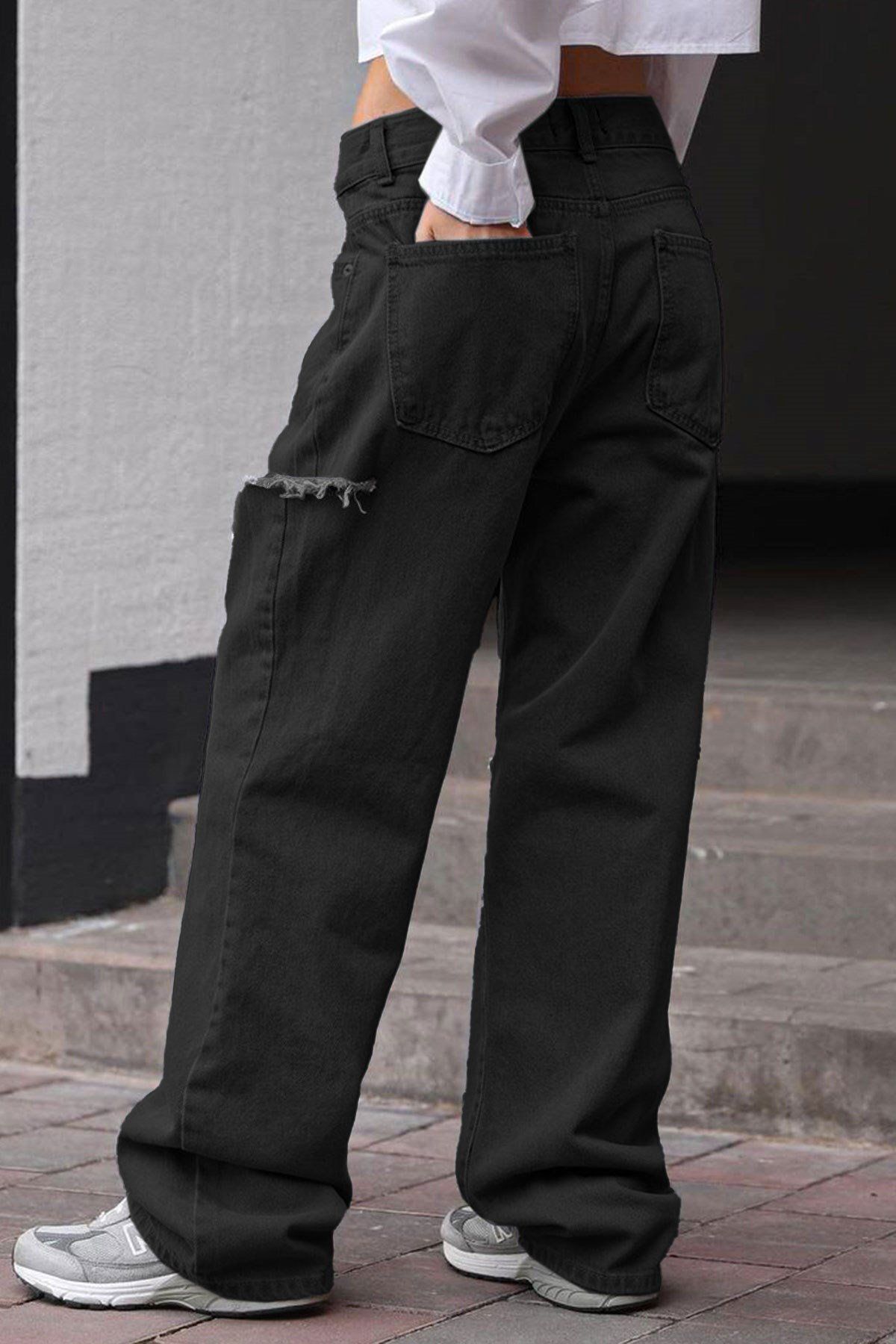 Madmext-أسود ممزق مفصل Palazzo Jean Mg1560 5