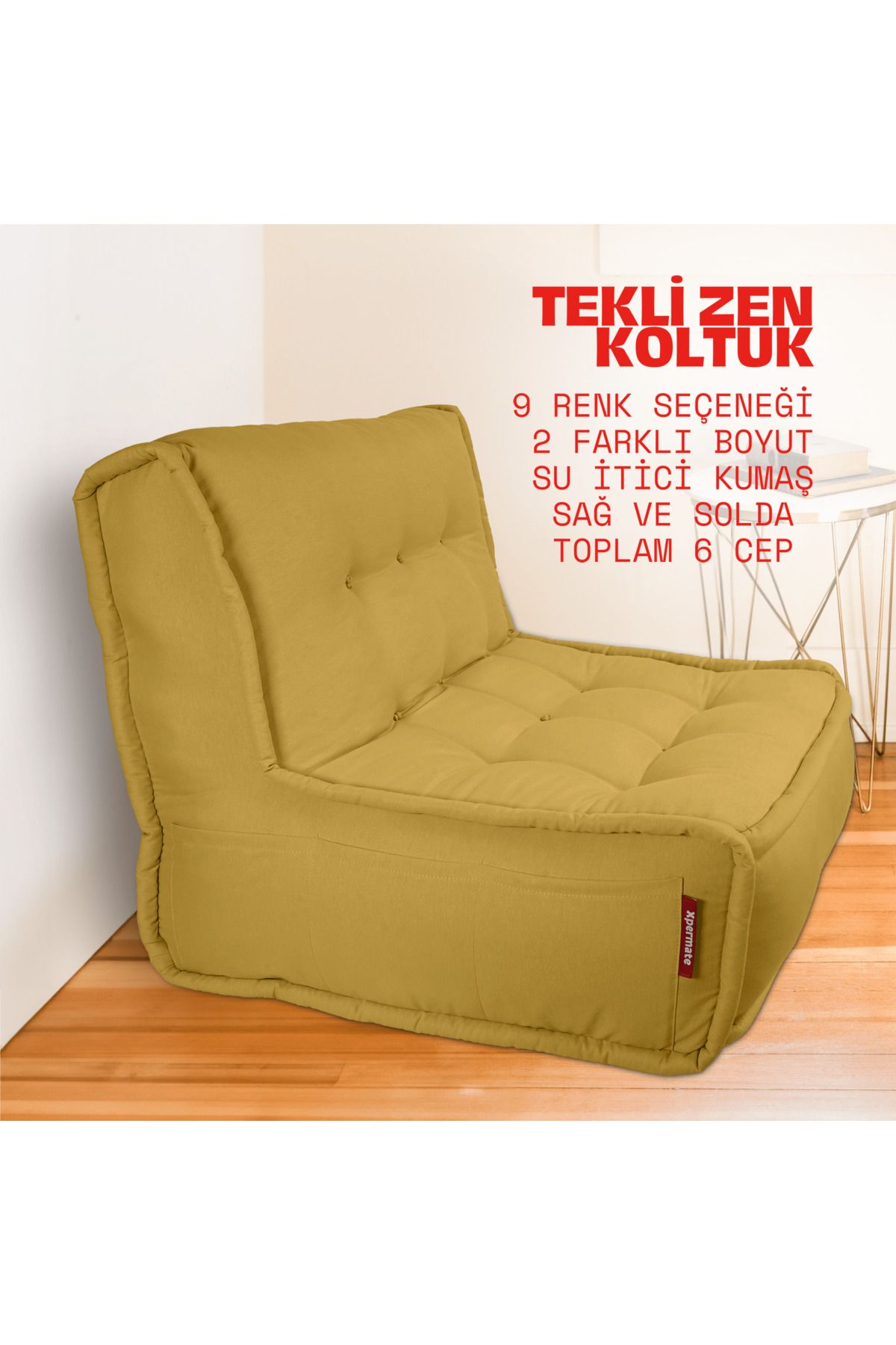 XPERMATE Zen Berjer Sırtlı Minder Koltuk İskandinav Tarzı Ergonomik Yer Koltuğu Minderi 80X60 Açık Hardal