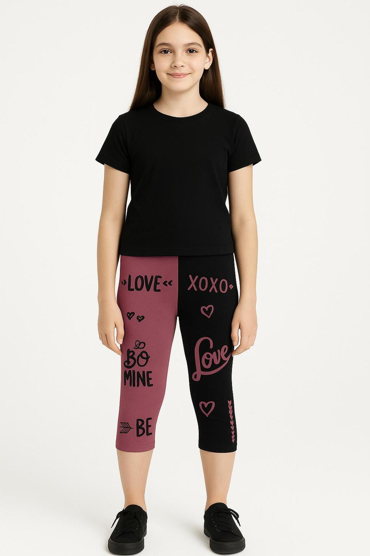 Girls TWO Colors Printed Capri Leggings Patched Style Text Printed Two Colors Design