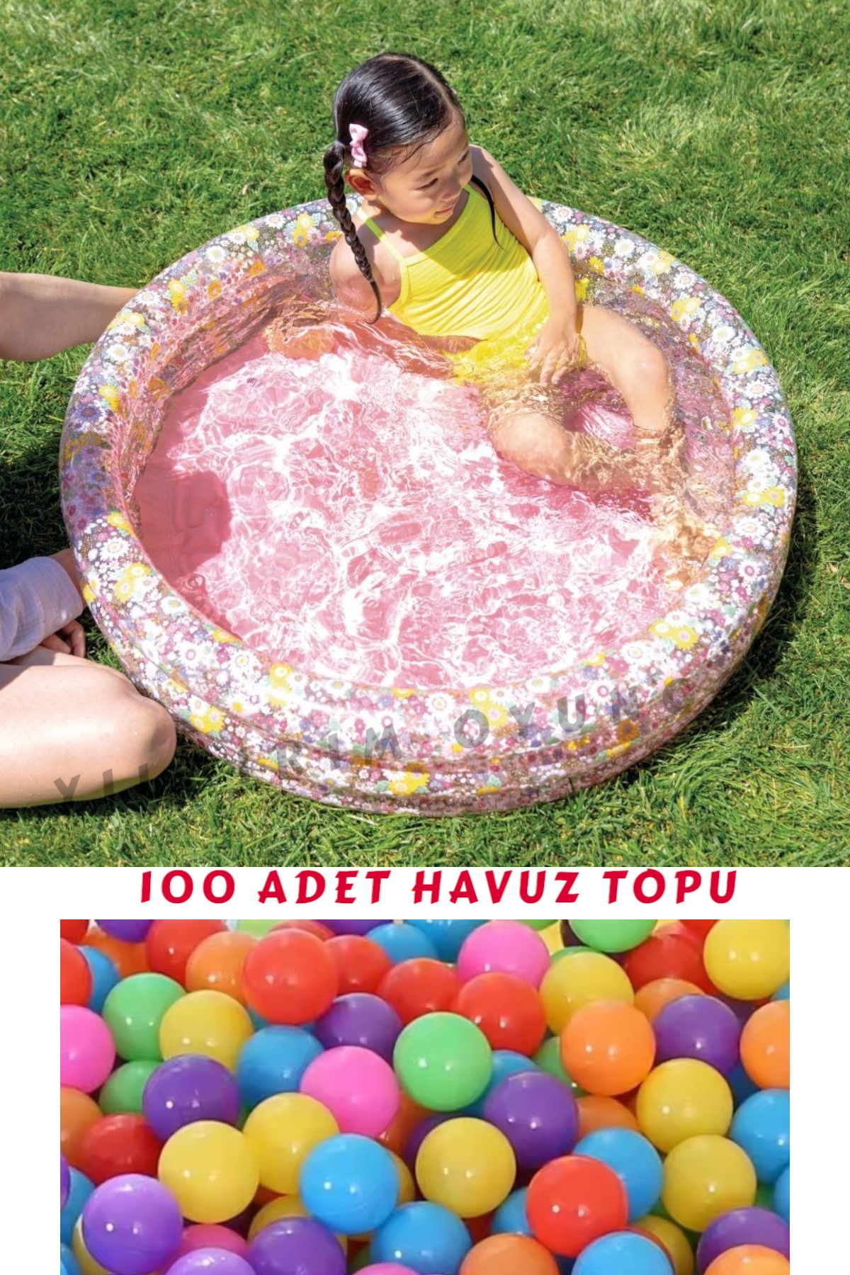 YILDIRIM OYUNCAK 3 Boğumlu Şişme Tabanlı Çiçek Desenli Bebek Çocuk Havuzu 86x25cm 100 Adet Havuz Topu 6 cm
