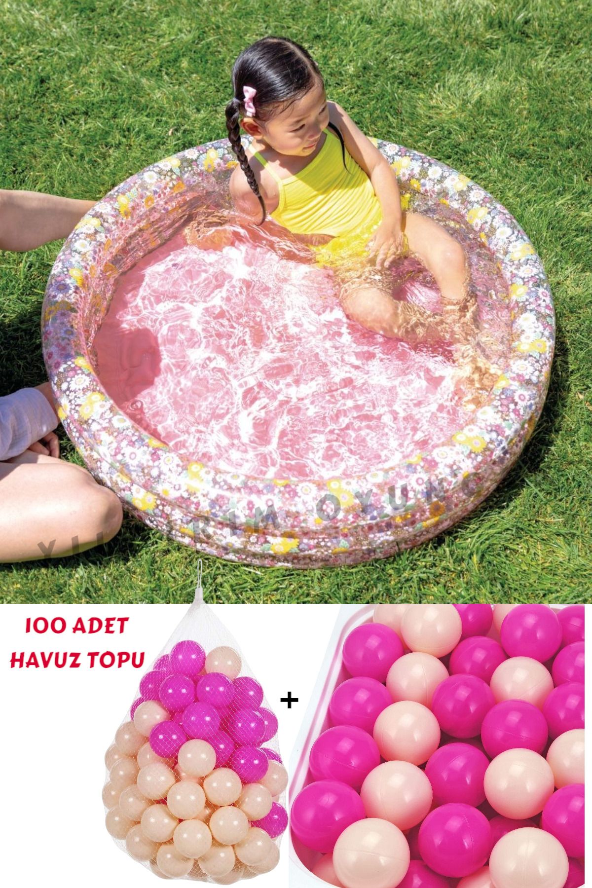YILDIRIM OYUNCAK 3 Boğumlu Şişme Tabanlı Çiçek Desenli Bebek Çocuk Havuzu 86x25cm 100 Adet Havuz Topu 6 cm