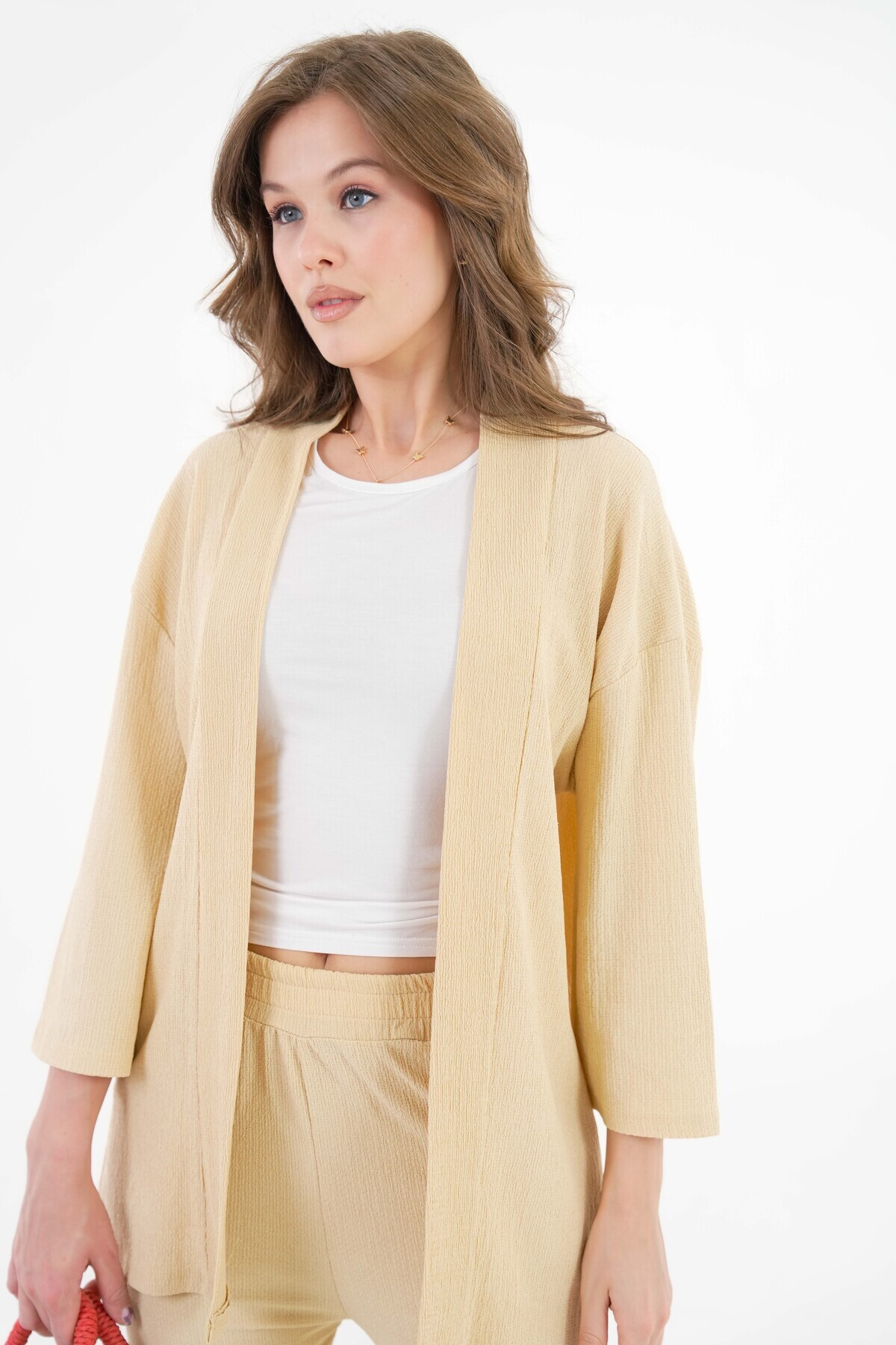 Saade-Beige Rasch Fabric Kimono - Trousers Knitted Set 7
