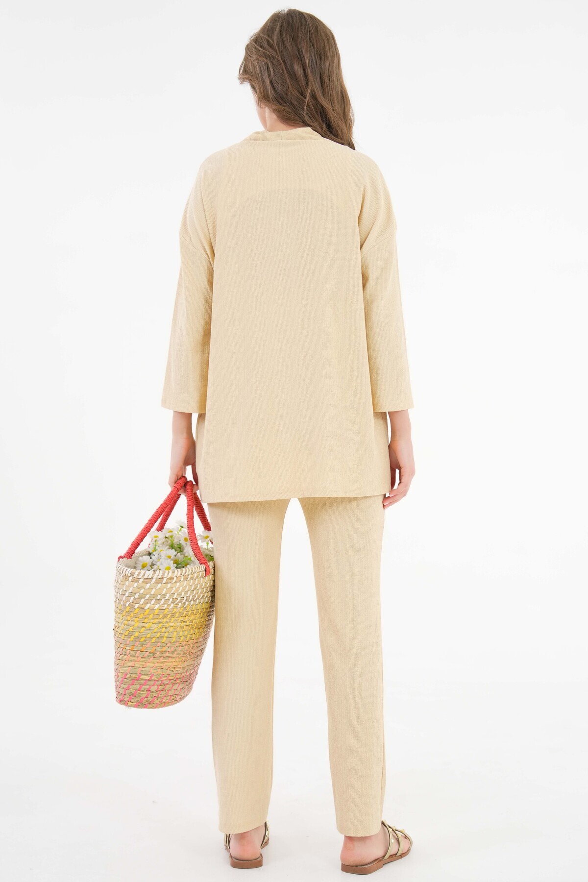 Saade-Beige Rasch Fabric Kimono - Trousers Knitted Set 8