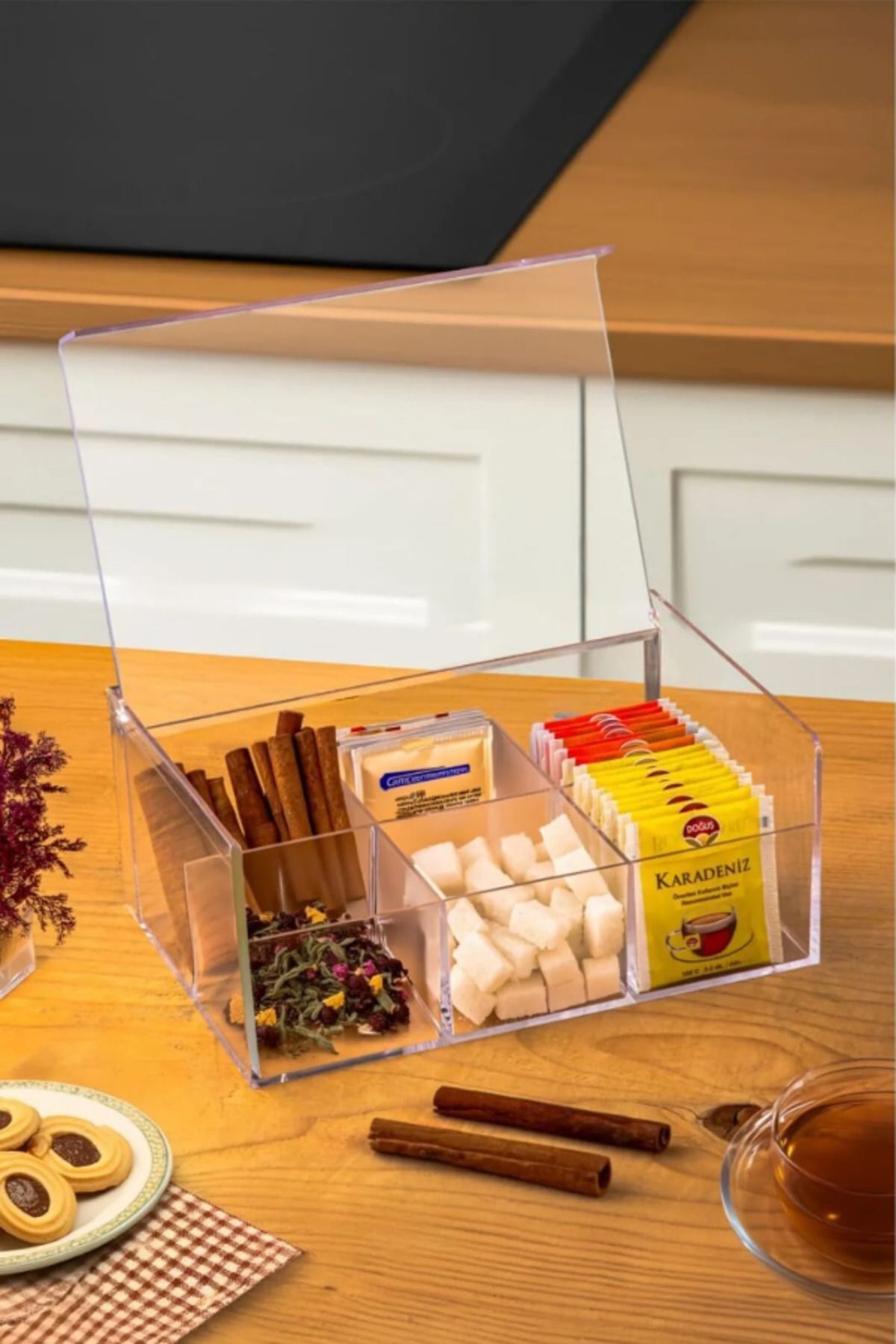MultiStore Çay Kutusu 6 Bölmeli Kapaklı Poşet Bitki Çayı Çok Amaçlı Saklama Kabı Özel Tasarım Büyük Tea Box