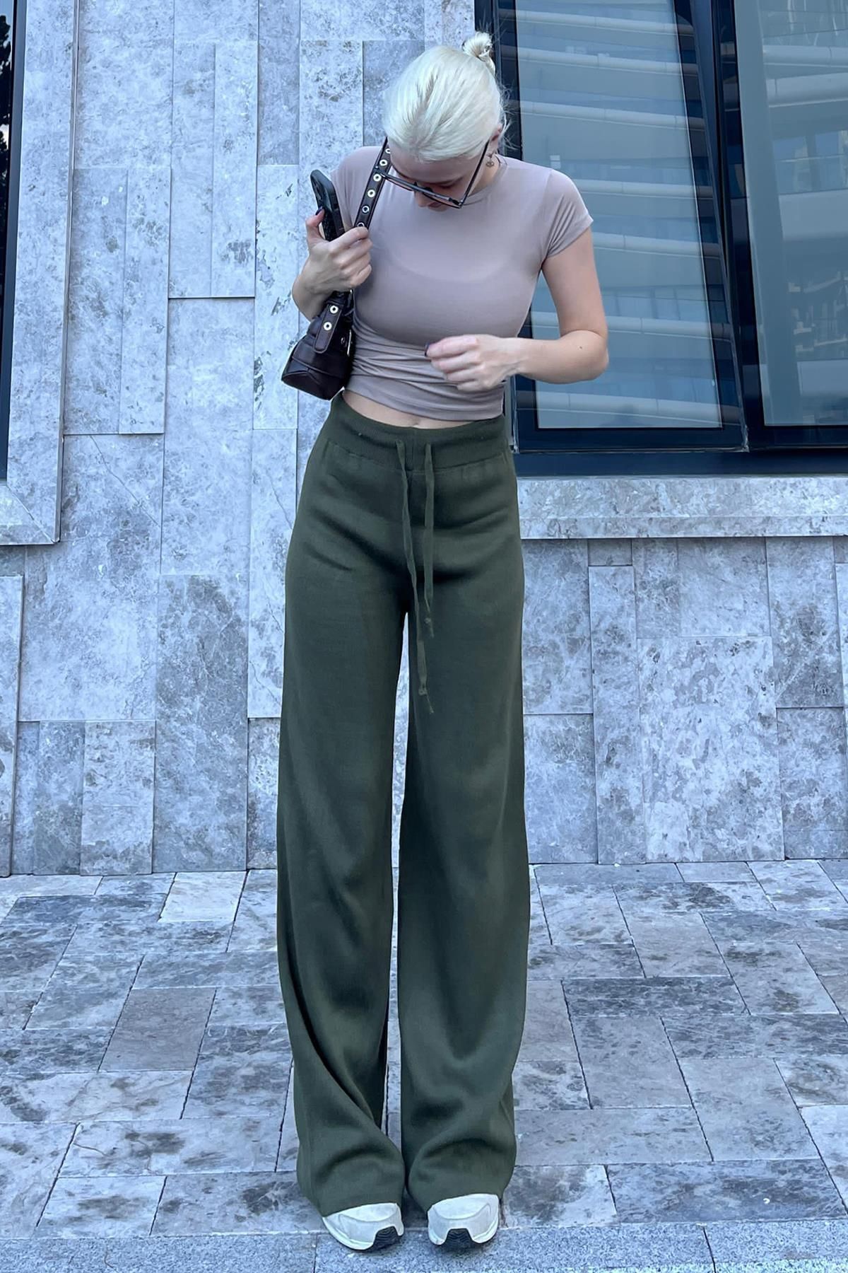 Madmext-Khaki kalhoty se širokými nohavicemi - Nastavitelný pas Mg2089 4