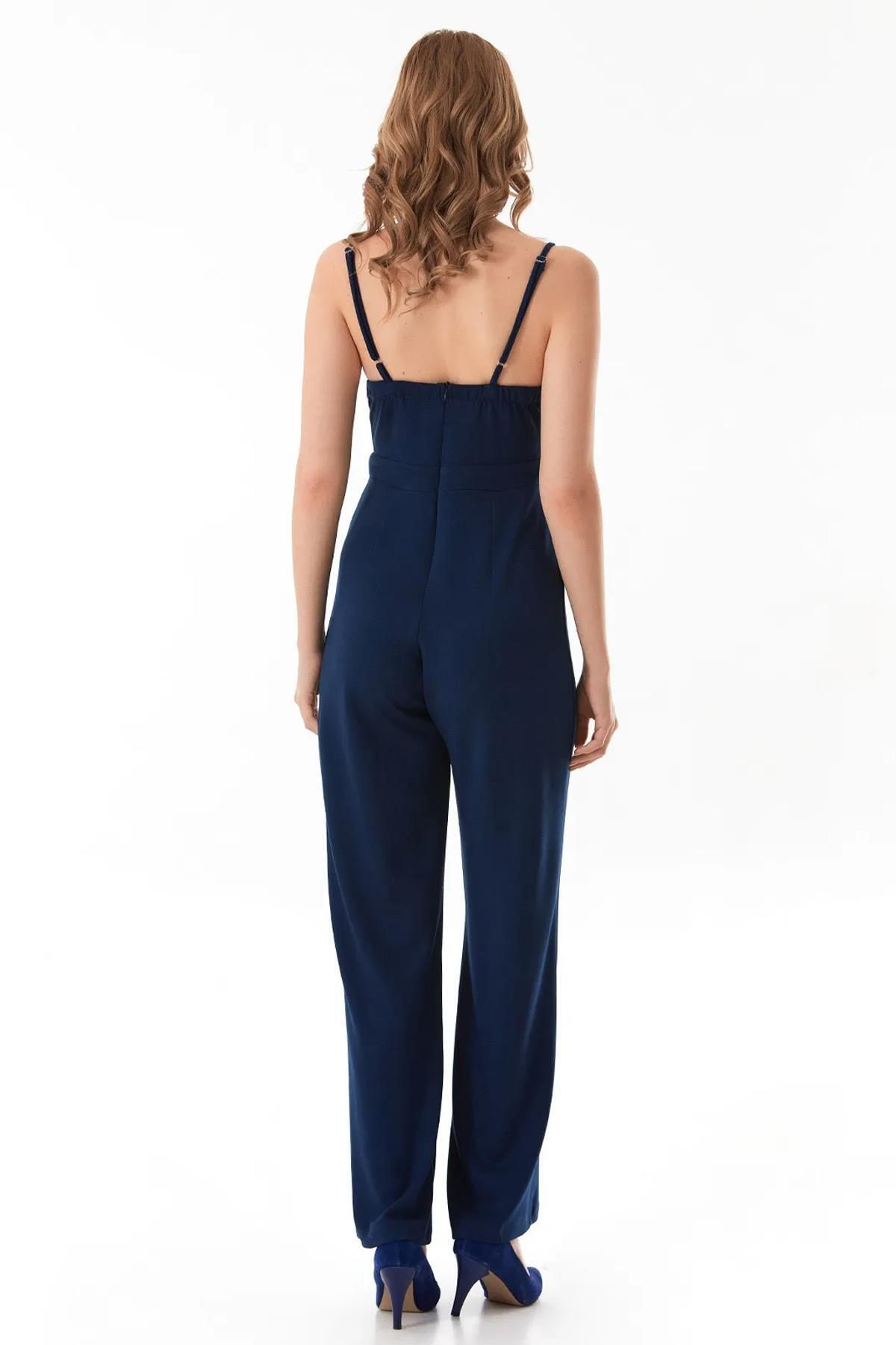 TENA-Women's Navy Blue Rope Strap Modal Fabric Wide Leg Jumpsuit 6