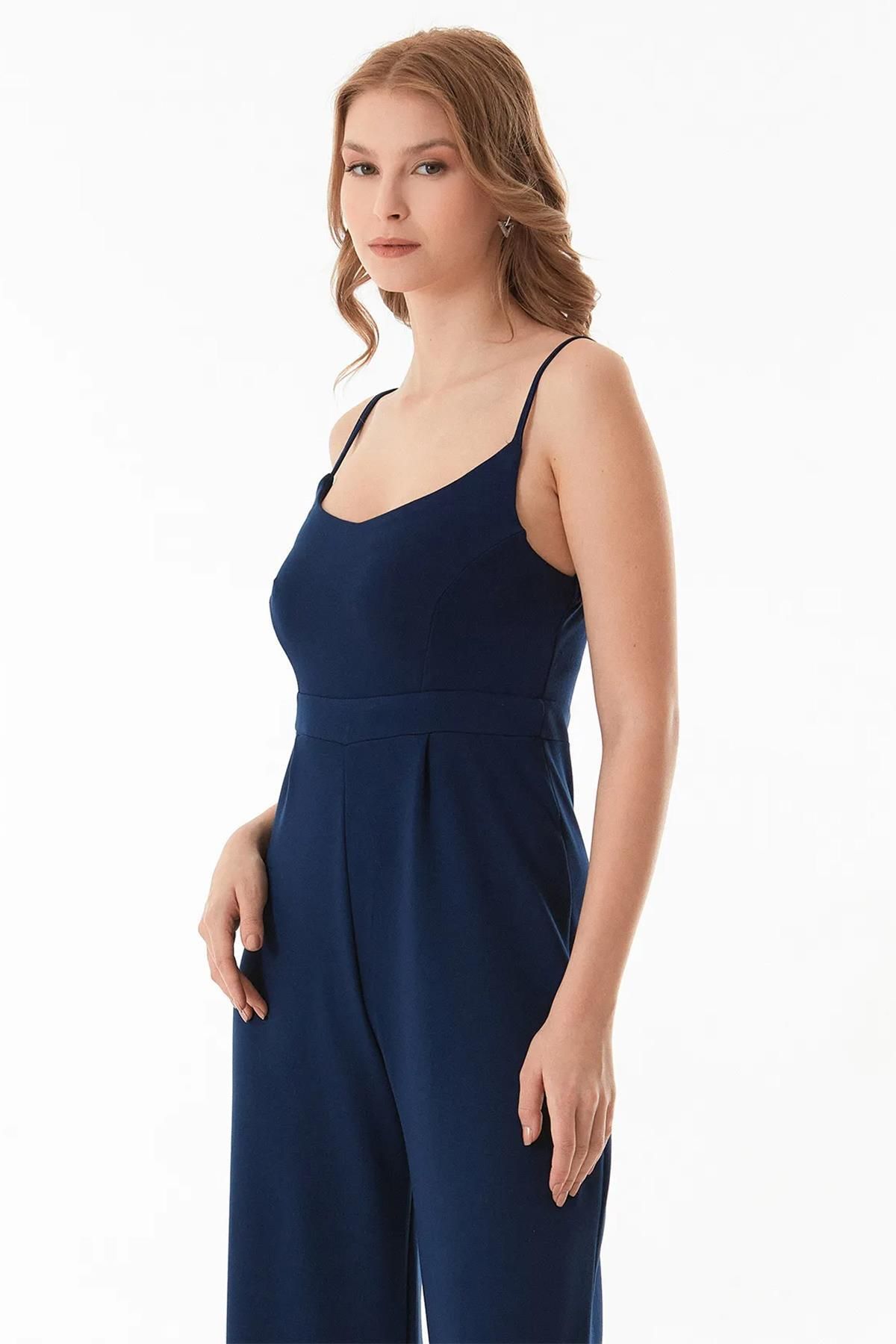 TENA-Women's Navy Blue Rope Strap Modal Fabric Wide Leg Jumpsuit 3