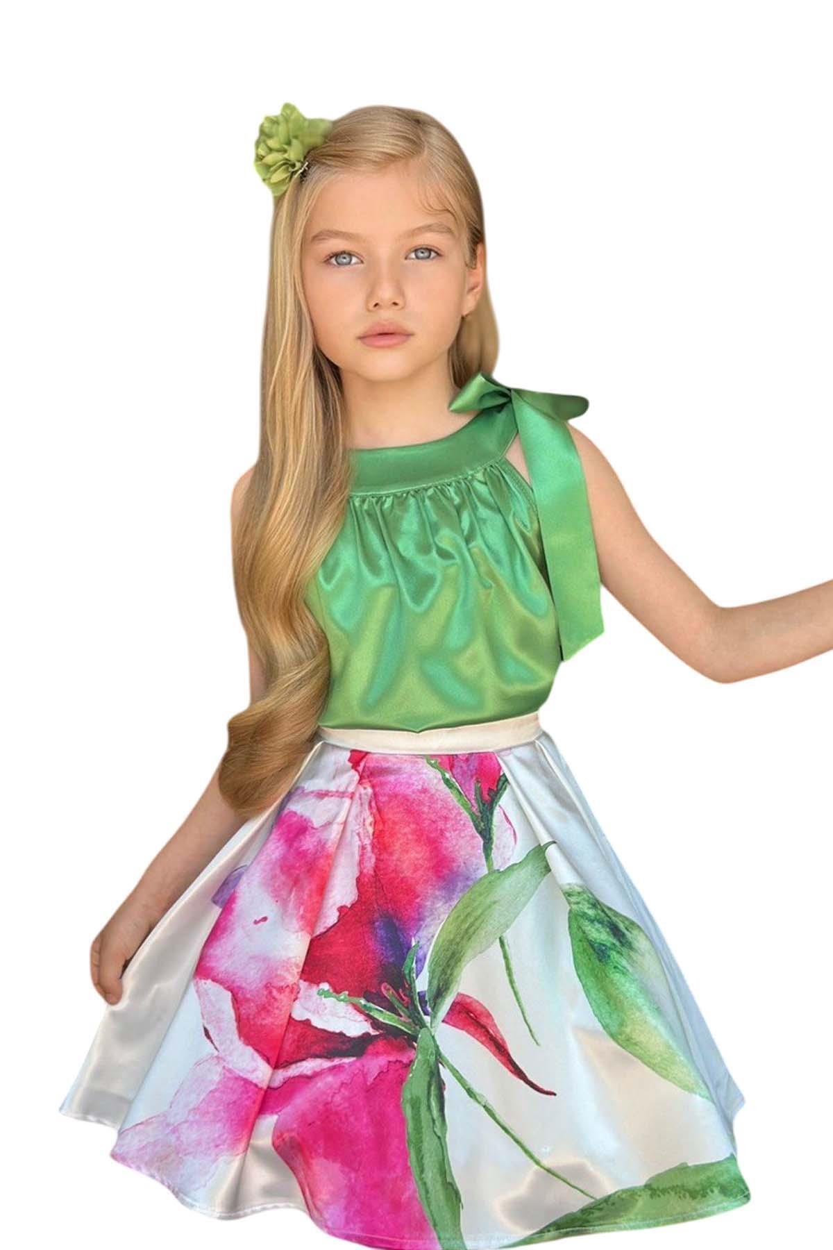 Riccotarz-Girl's Shoulder Tie Detailed Pleated Sleeveless Green Blouse Satin Skirt Suit 6