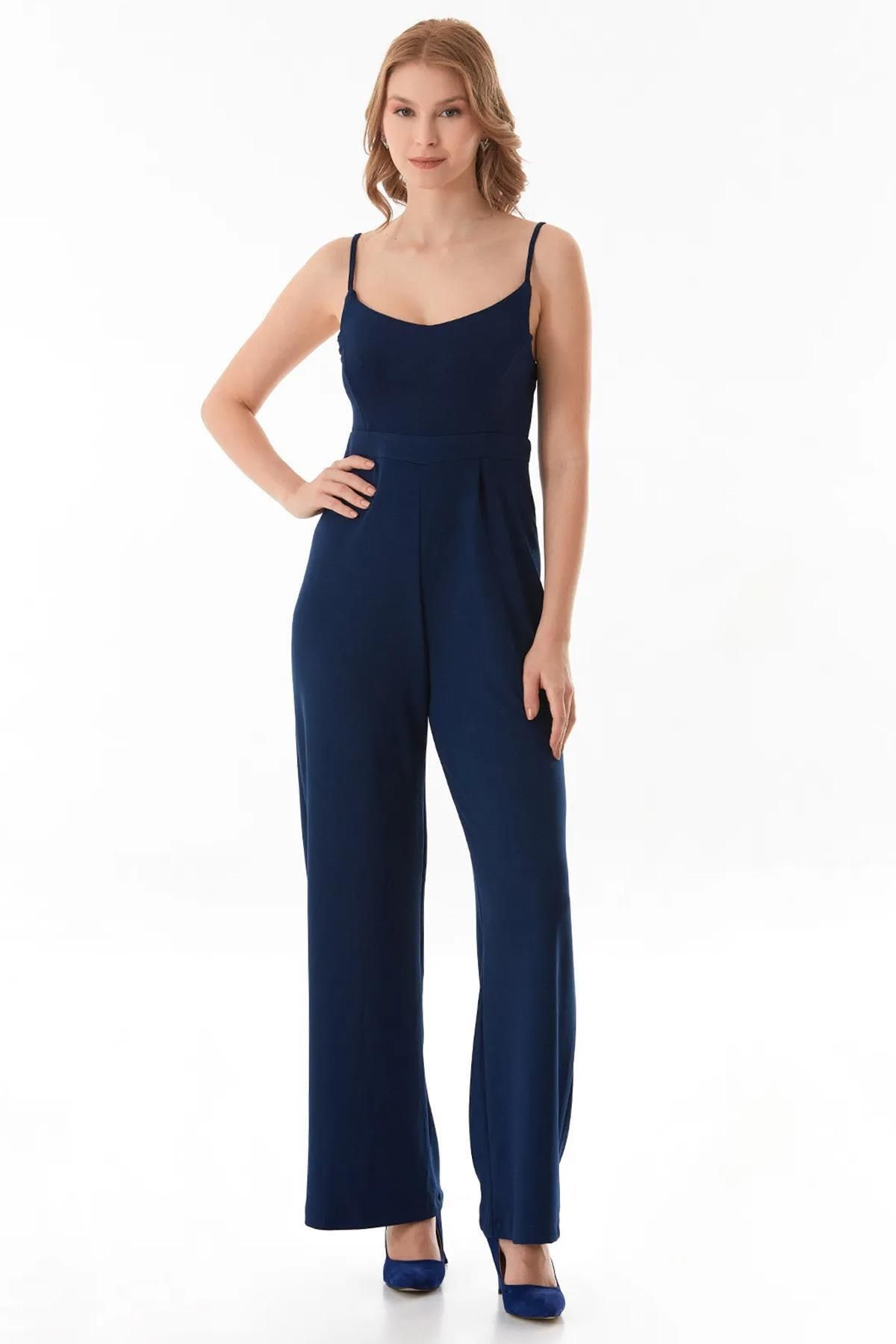 TENA-Women's Navy Blue Rope Strap Modal Fabric Wide Leg Jumpsuit 2